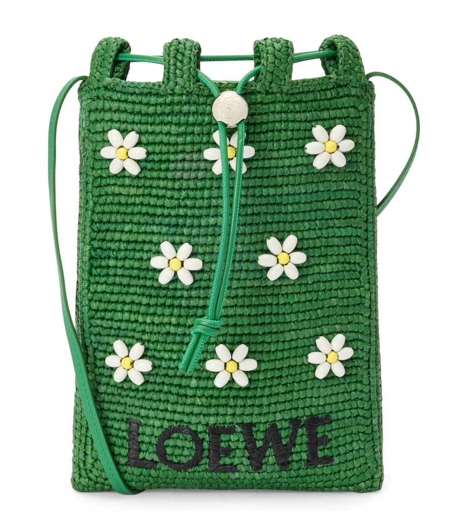 LOEWE x Paula's Ibiza Raffia Floral-Detail Drawstring Pocket Bag Tropical Green/white Image 1