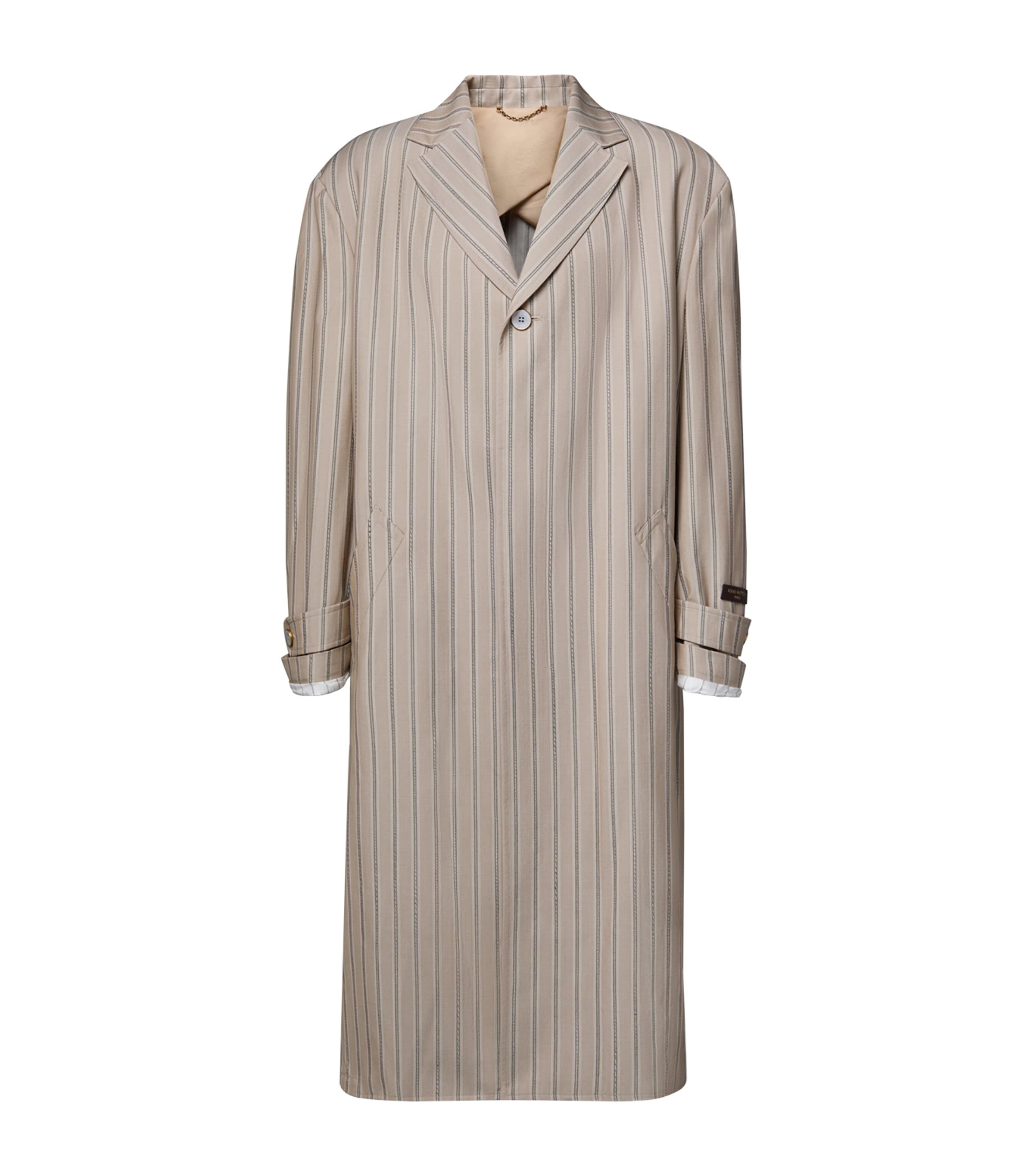 LOUIS VUITTON Mens Wool-Silk Stripe Overcoat Camel Brown Image 1