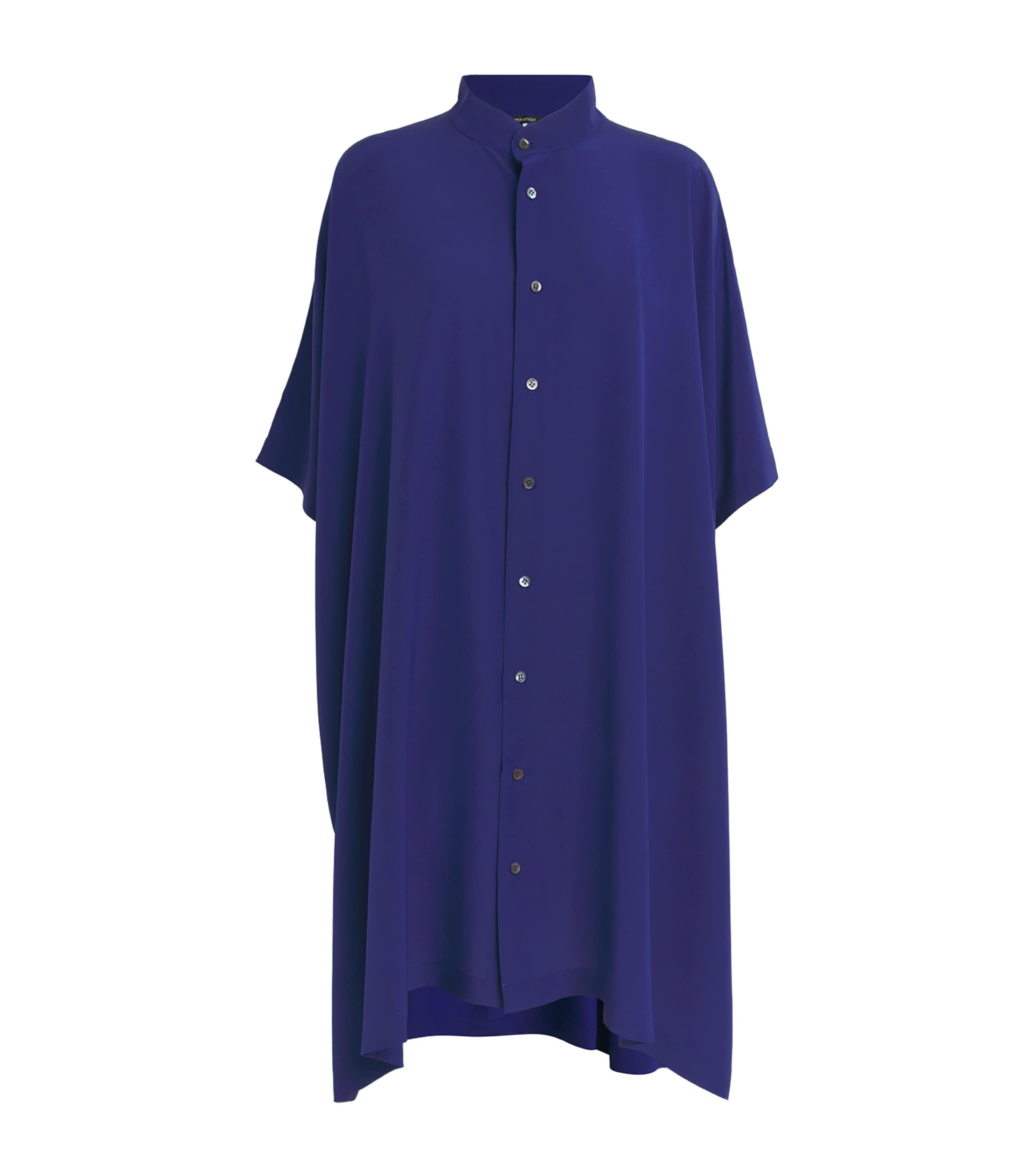 Eskandar Silk Collarless Kaftan Shirt In Blue