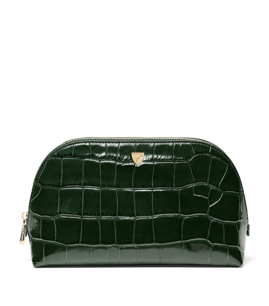 Aspinal Of London Small Leather Croc-Embossed Cosmetic Case Evergreen Image 1