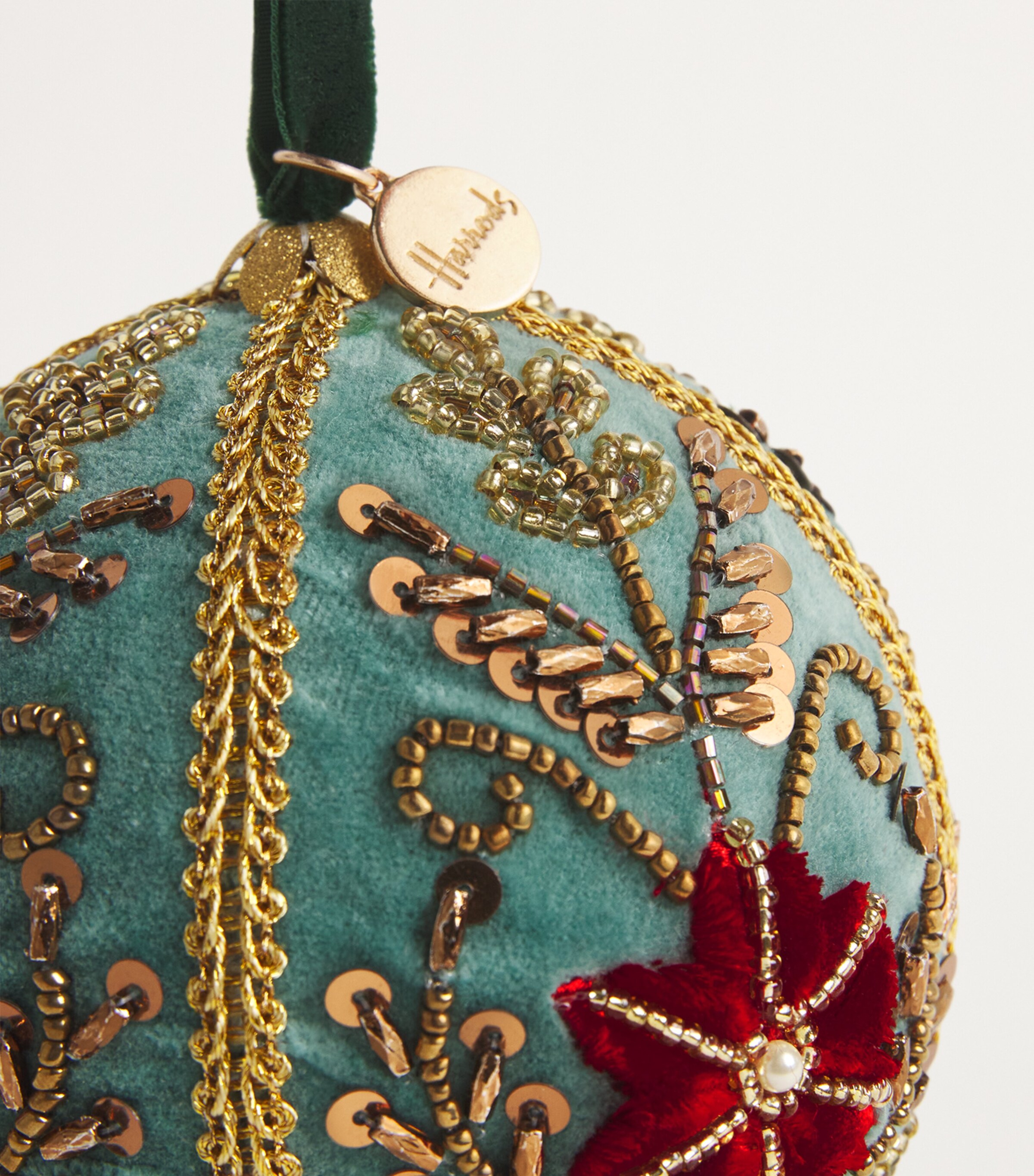 Harrods Sage Green Velvet Embroidered Bauble Image 2