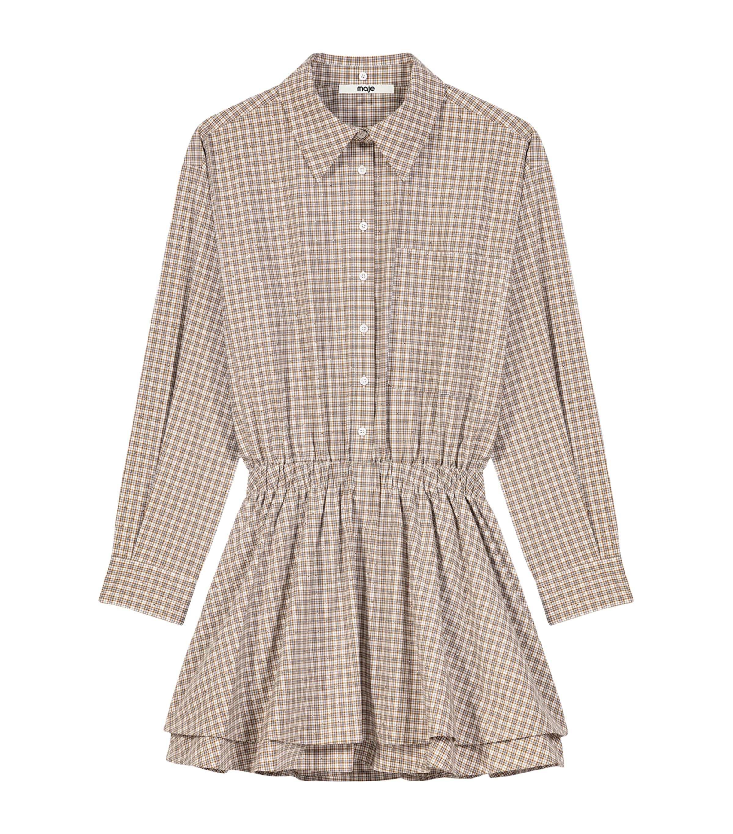 Maje Womens Cotton Check Mini Shirt Dress Beige Image 10