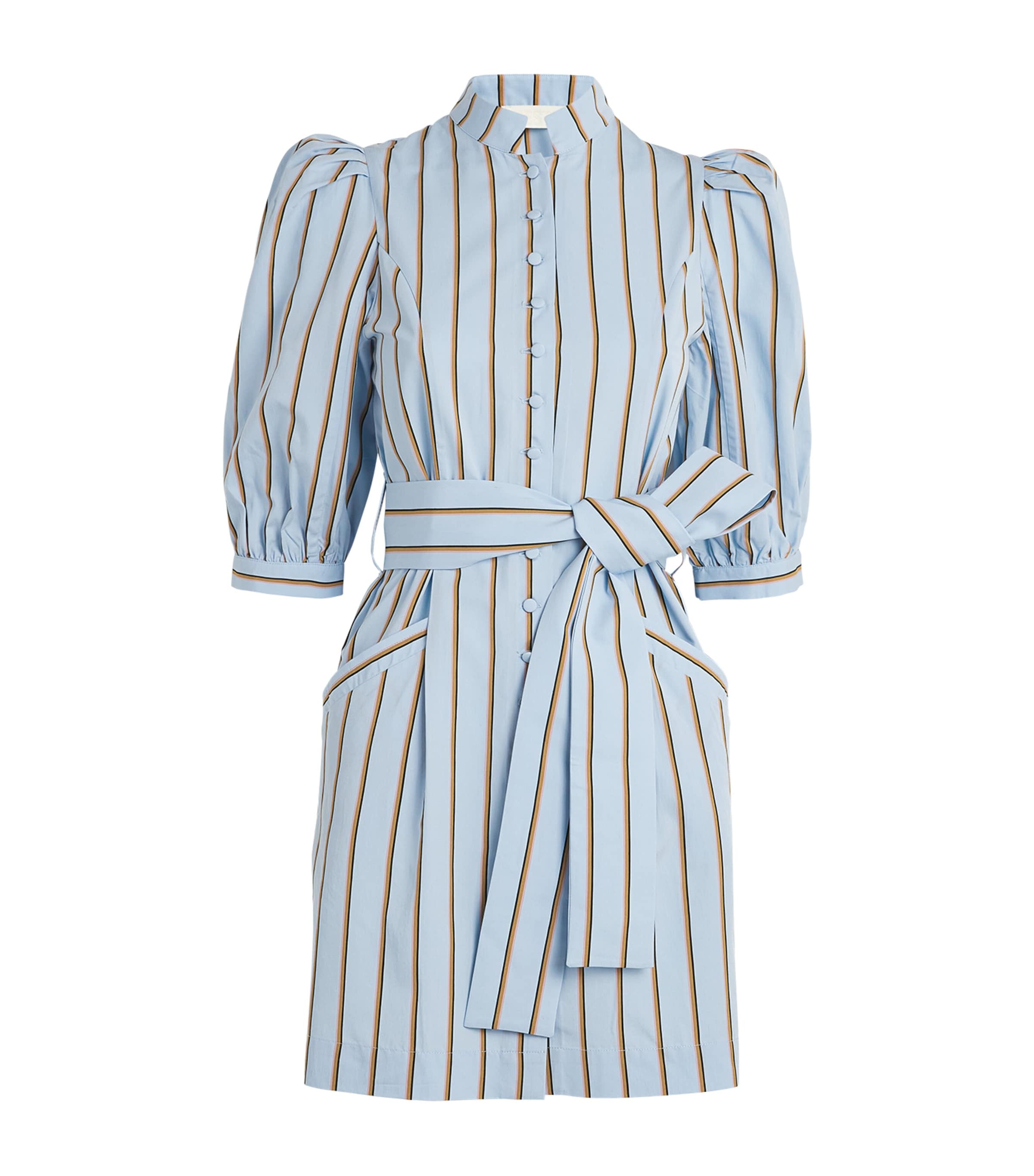 D'estree Amoako Belted Striped Twill Mini Dress In Blue