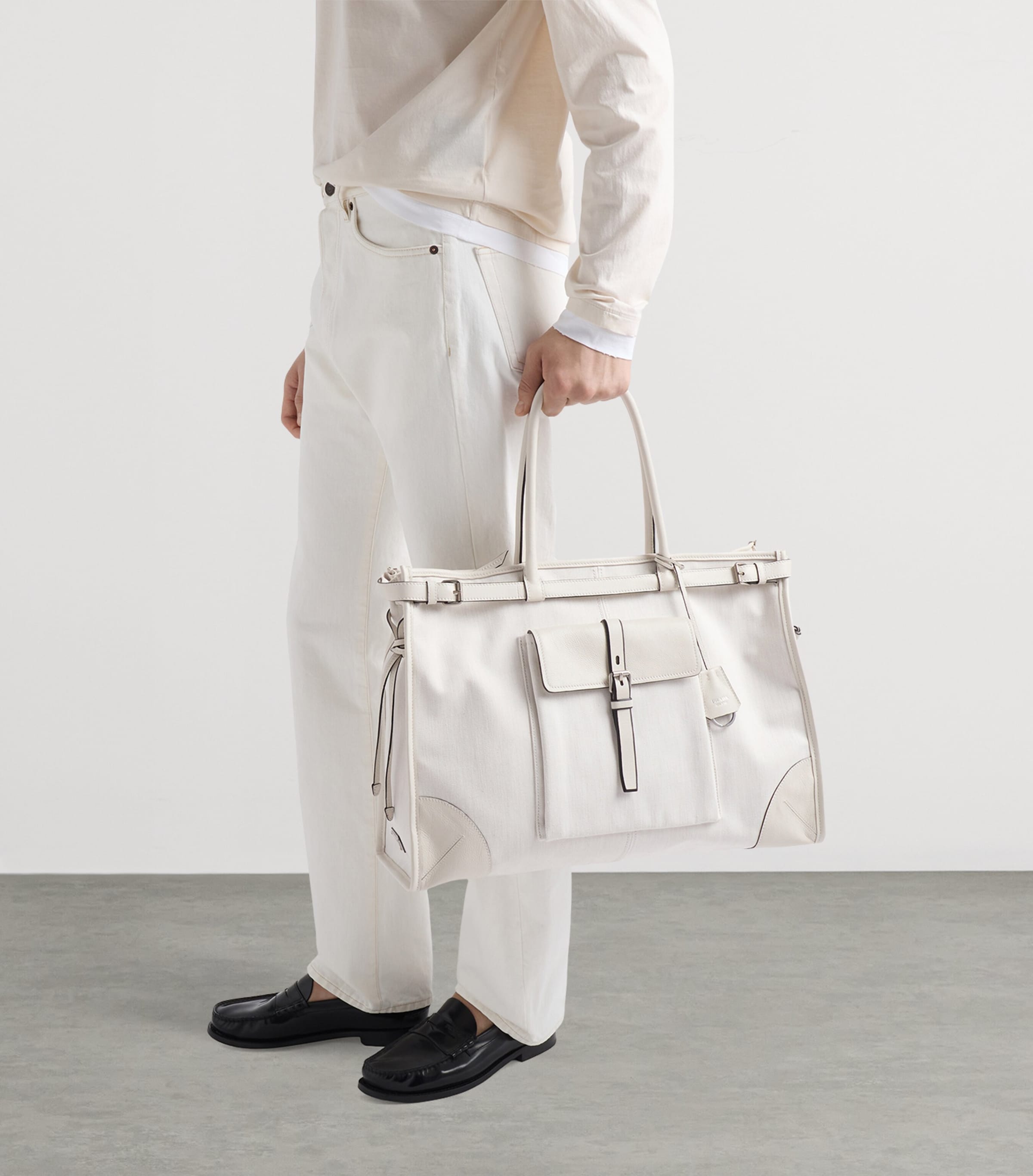 Prada Cotton-Leather Bonnie Tote Bag White Image 3