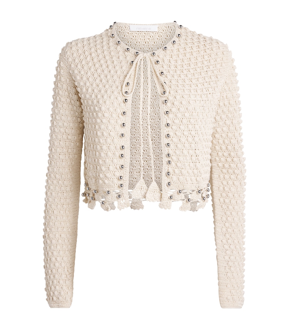 Rabanne Womens Cotton Crochet Tie-Detail Cardigan Ecru Fluffy Image 1