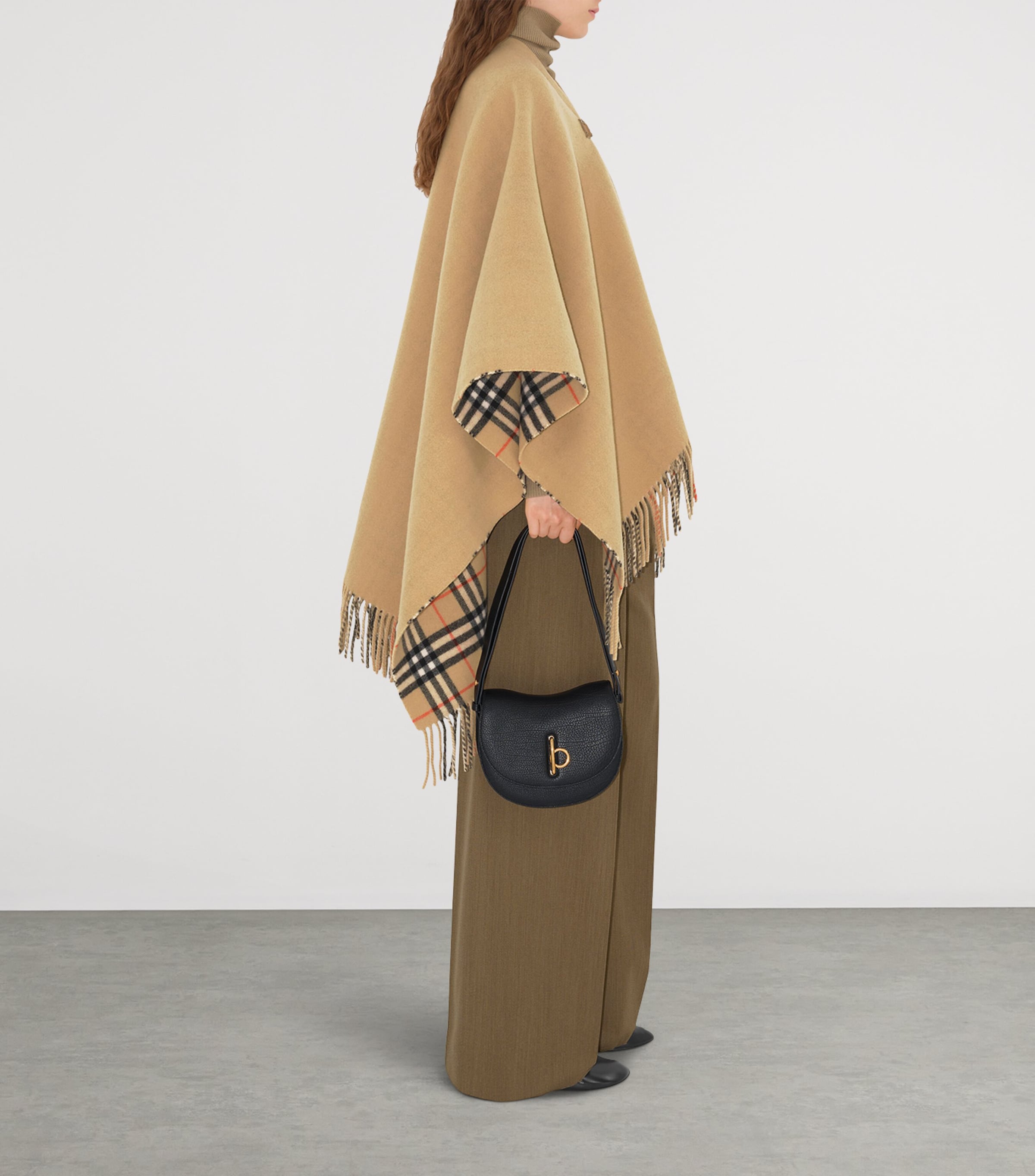 Wool Check-Lined Cape SAND Image 3