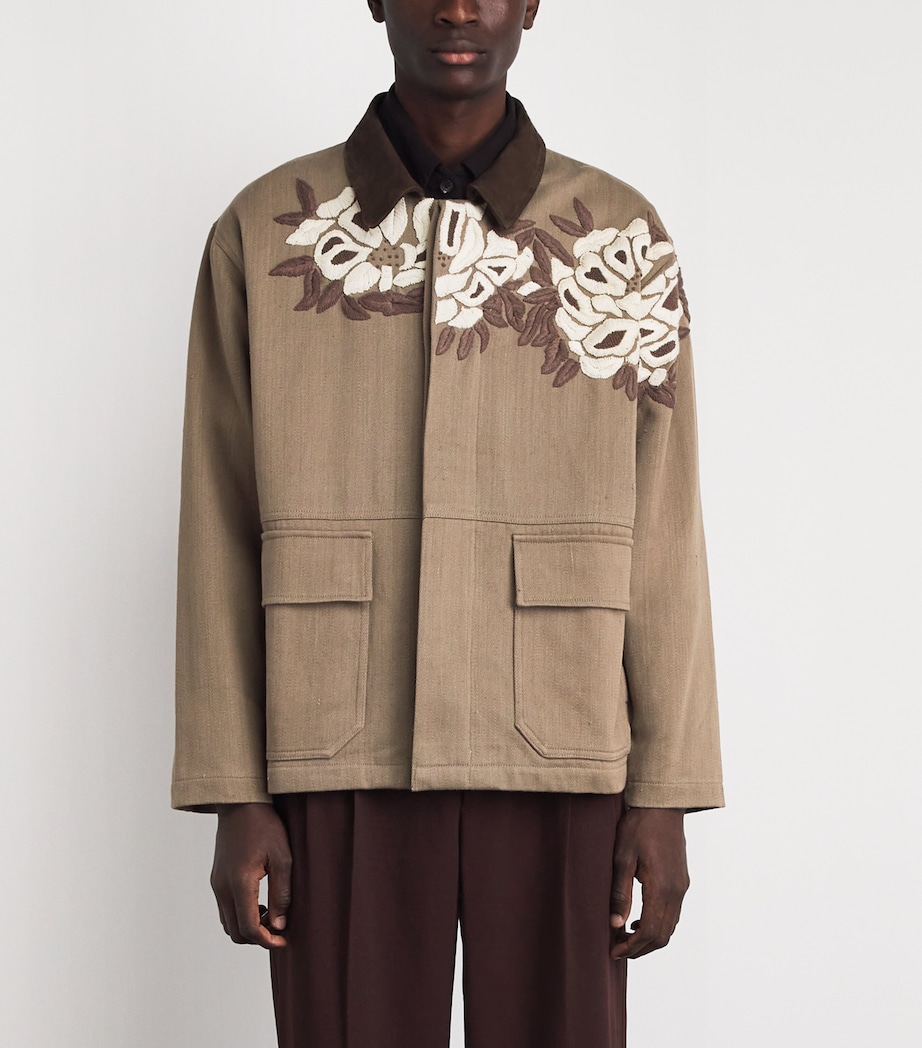Kartik Research Mens Cotton-Suede Embroidered Jacket Beige/ Ecru/ Brown Image 4