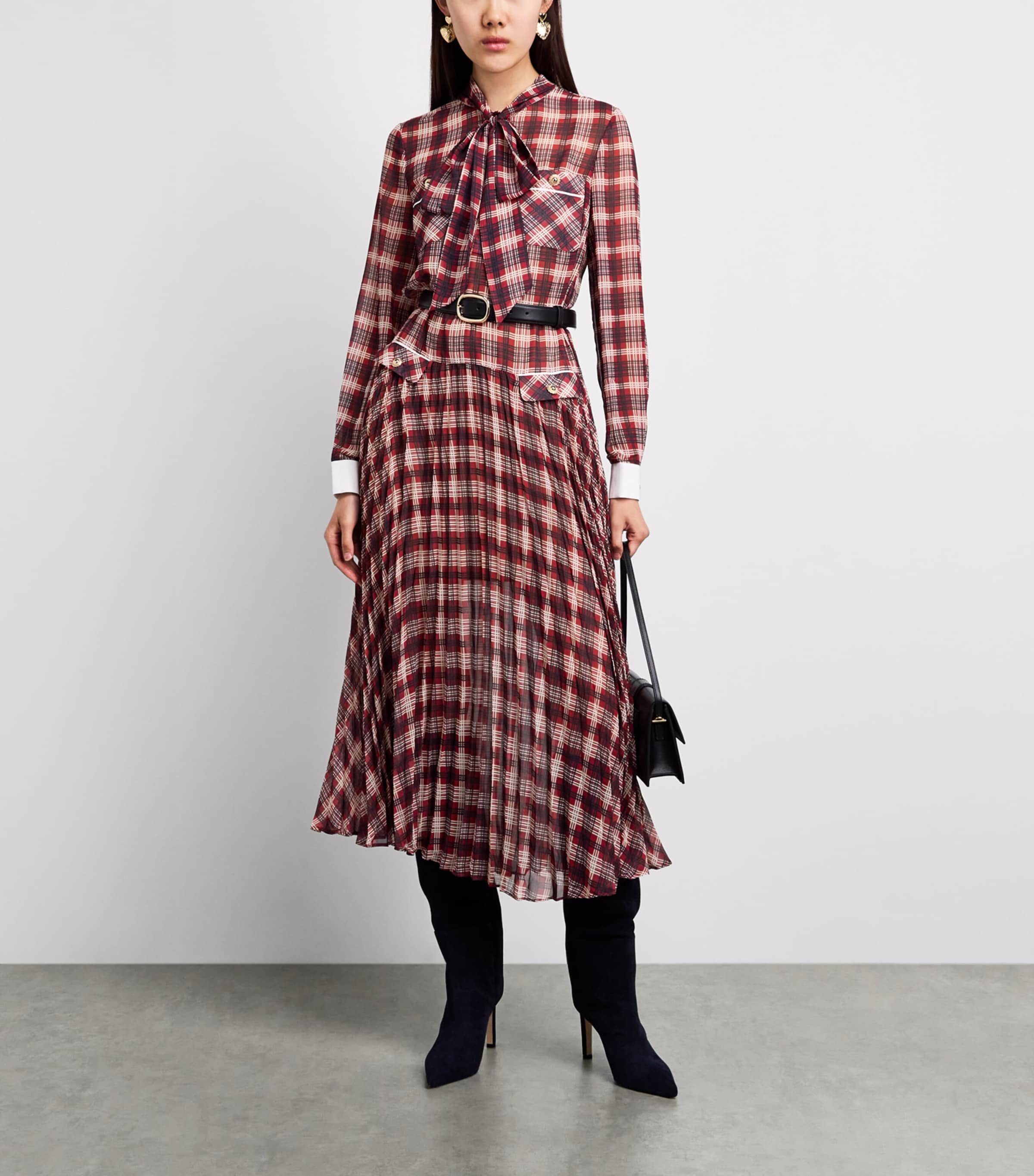 Self-Portrait Womens Chiffon Checked Midi Dress Burgundy Image 2