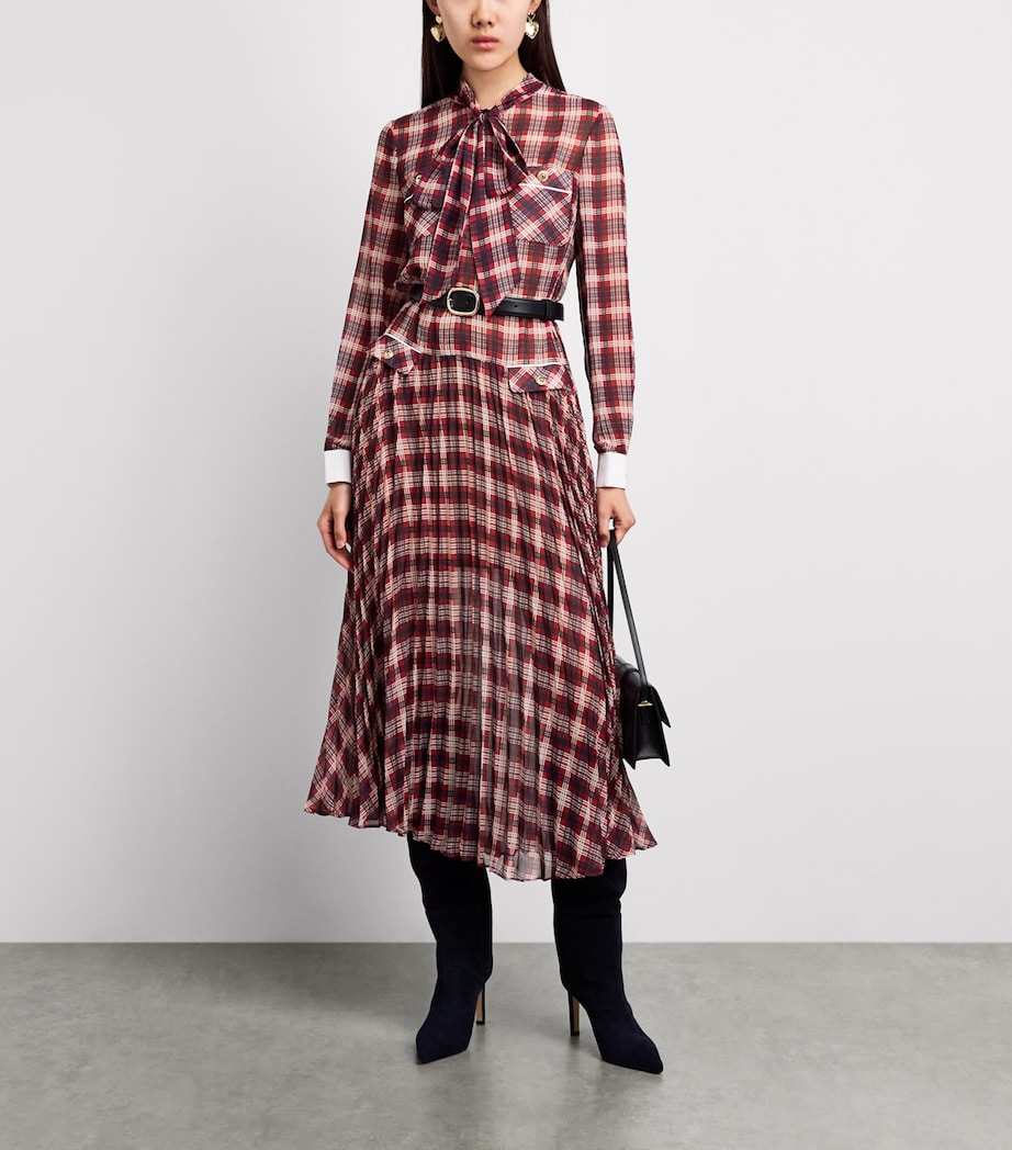 Self-Portrait Womens Chiffon Checked Midi Dress Burgundy Image 2