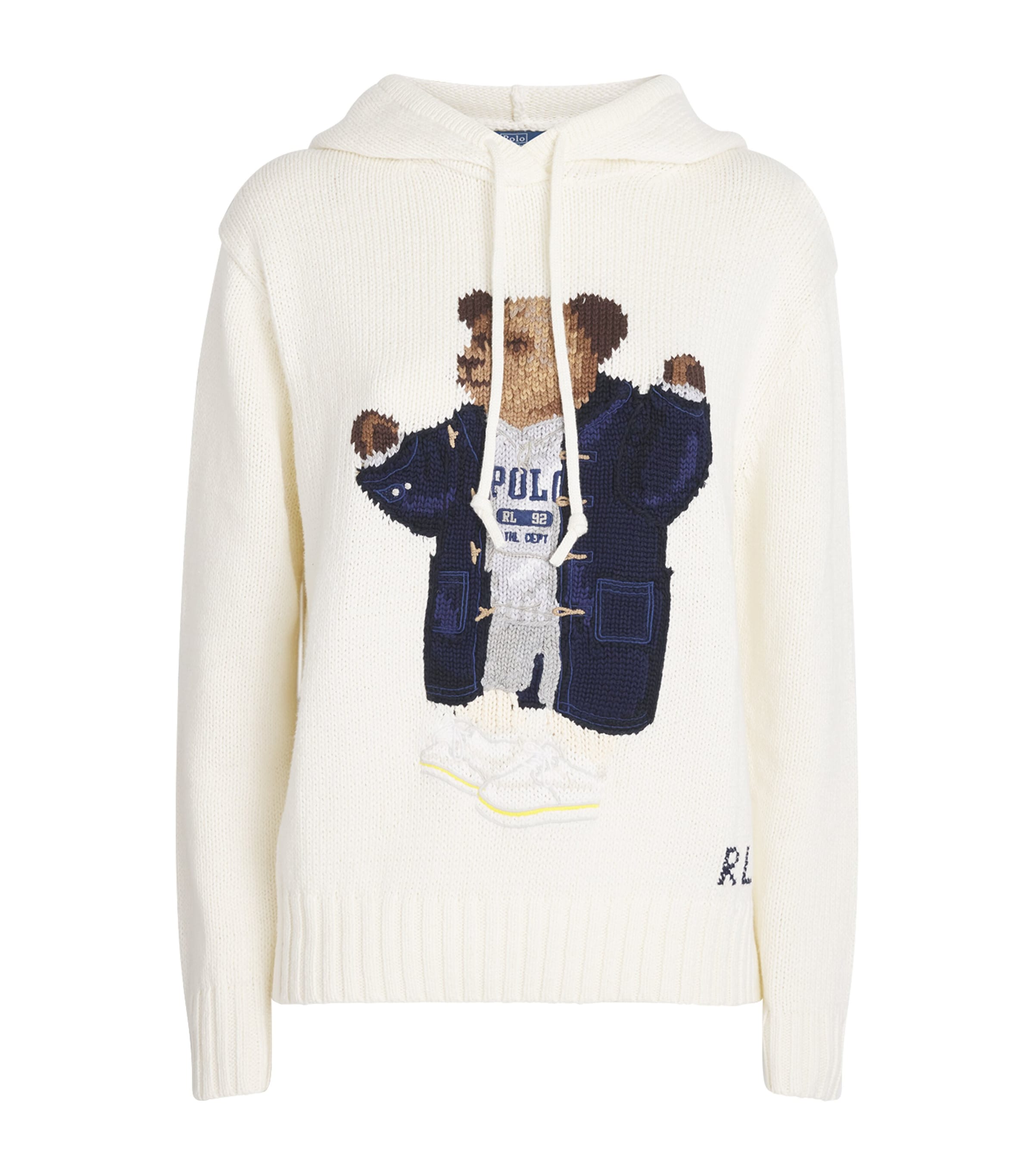 Polo Ralph Lauren Womens Parchment Cream Polo Bear-intarsia Hooded Cotton And Linen-blend Knitted Jumper Xs In White