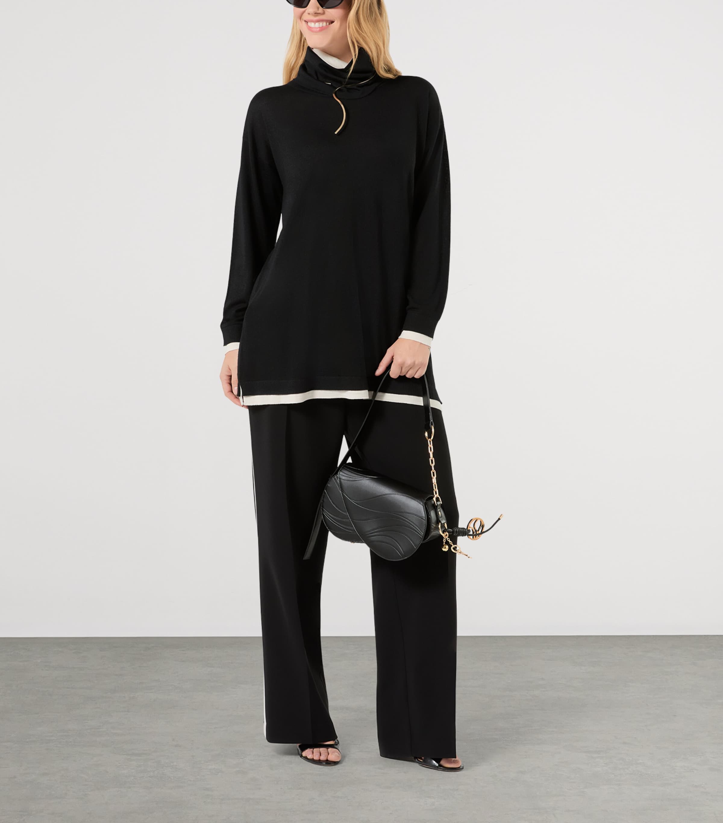 Marina Rinaldi Womens Wool-Silk Removable Mock-Neck Sweater Black White Image 2
