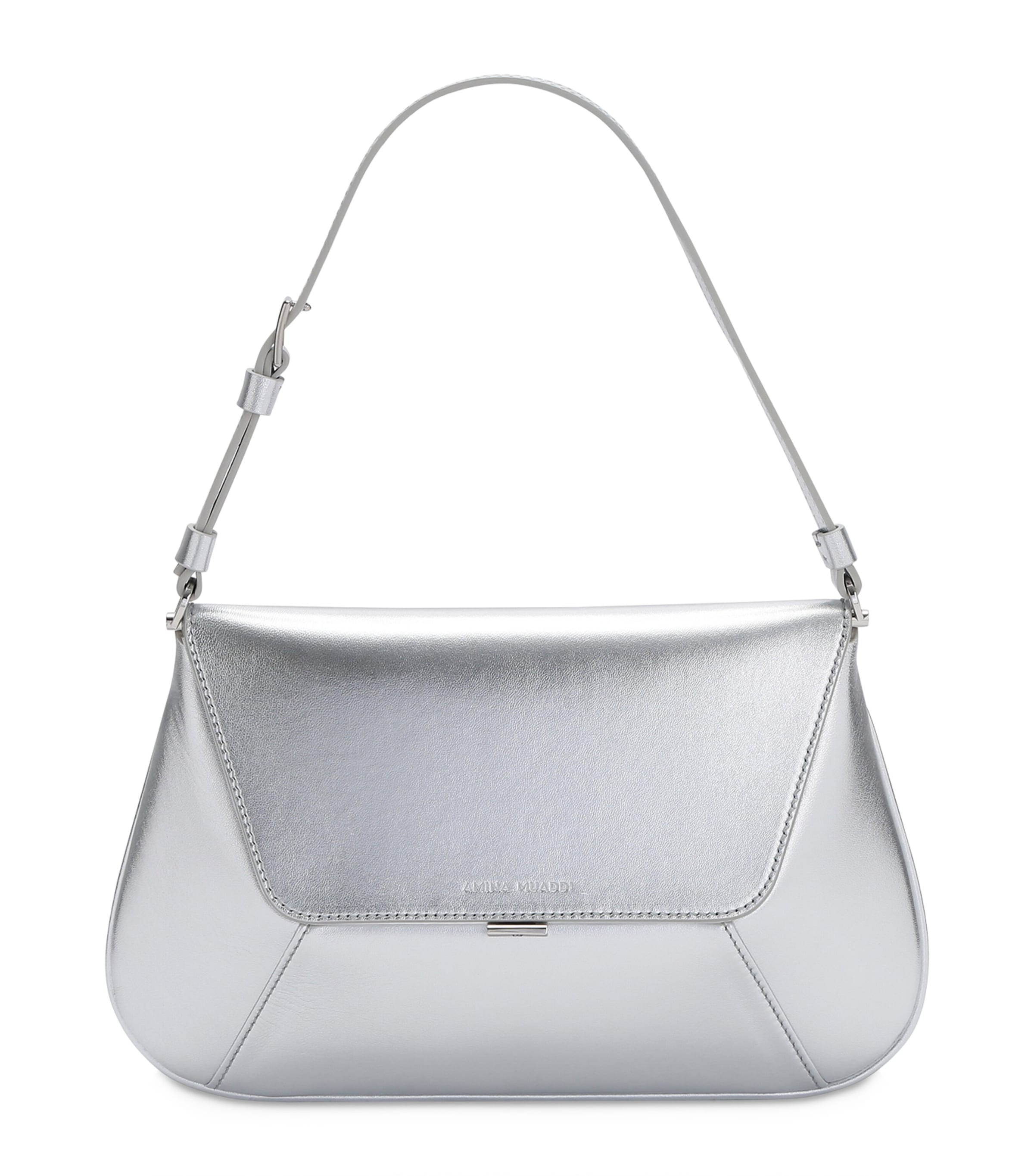 Amina Muaddi Ami Metallic Nappa Leather Shoulder Bag In Silver