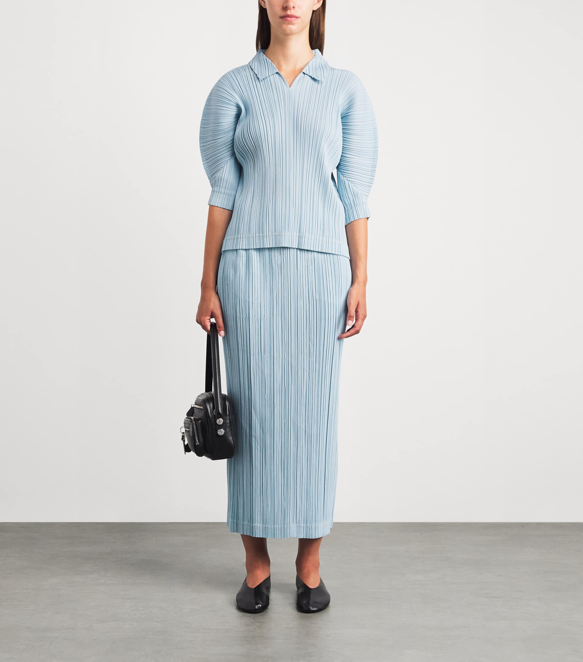 Pleats Please Issey Miyake Womens Cotton Denim Collared Top Light Blue Image 2