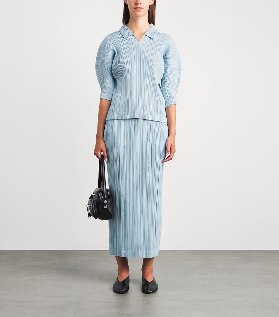 Pleats Please Issey Miyake Womens Cotton Denim Collared Top Light Blue Image 2