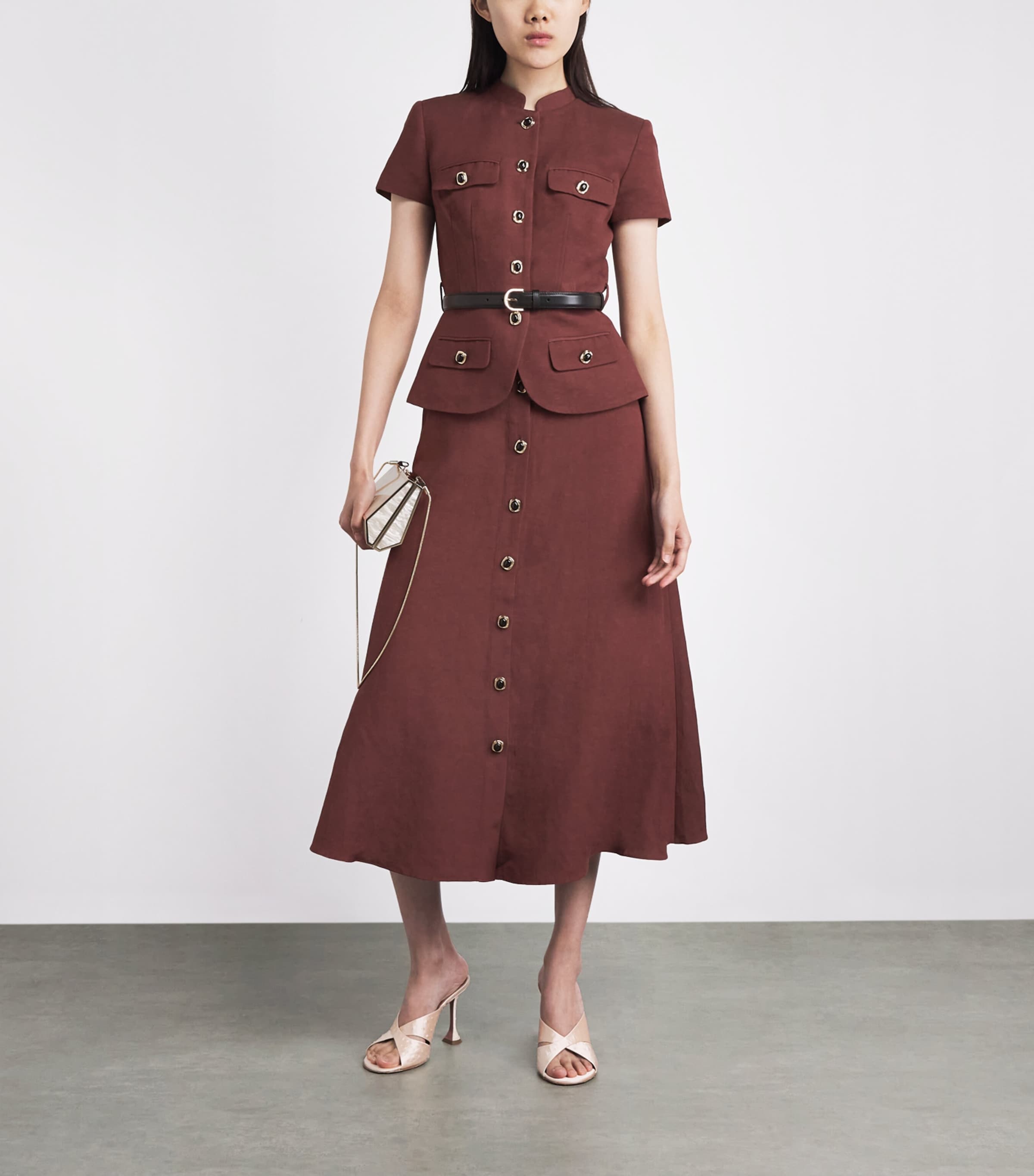 Self-Portrait Womens Peplum-Waist Midi Shirt Dress Brown Image 2