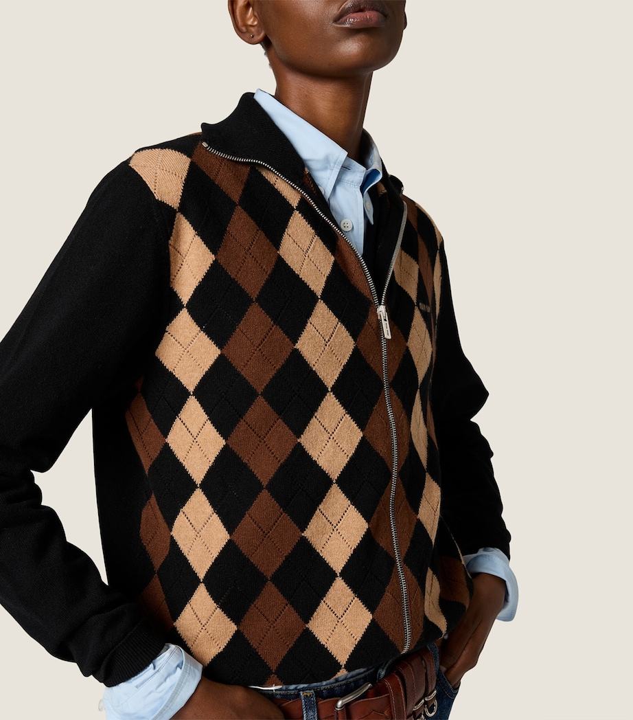 Miu Miu Womens Cashmere Argyle Zip-Up Cardigan Black Image 5