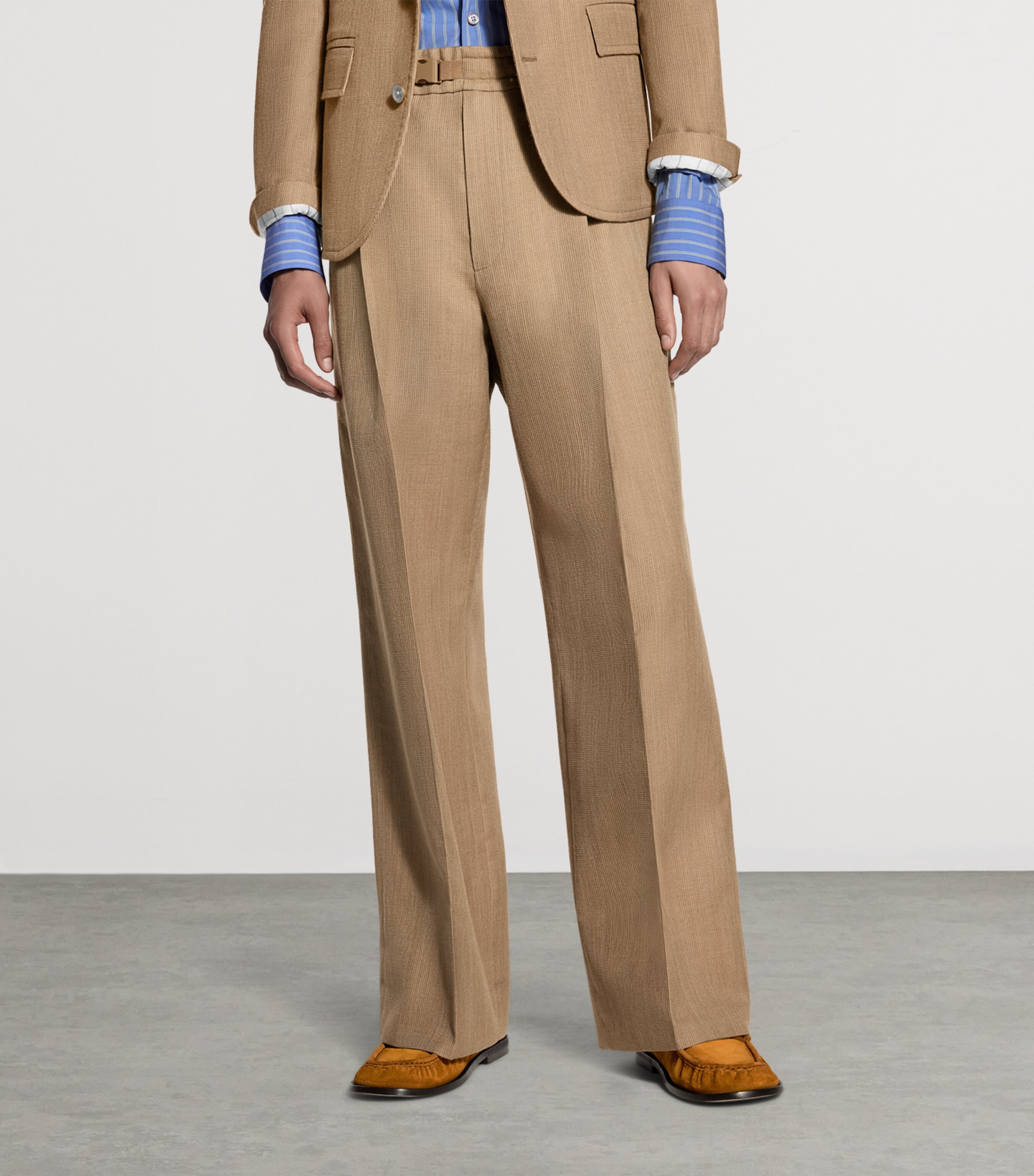LOUIS VUITTON Mens Wool-Silk Buckle Drawstring Trousers Camel Brown Image 2