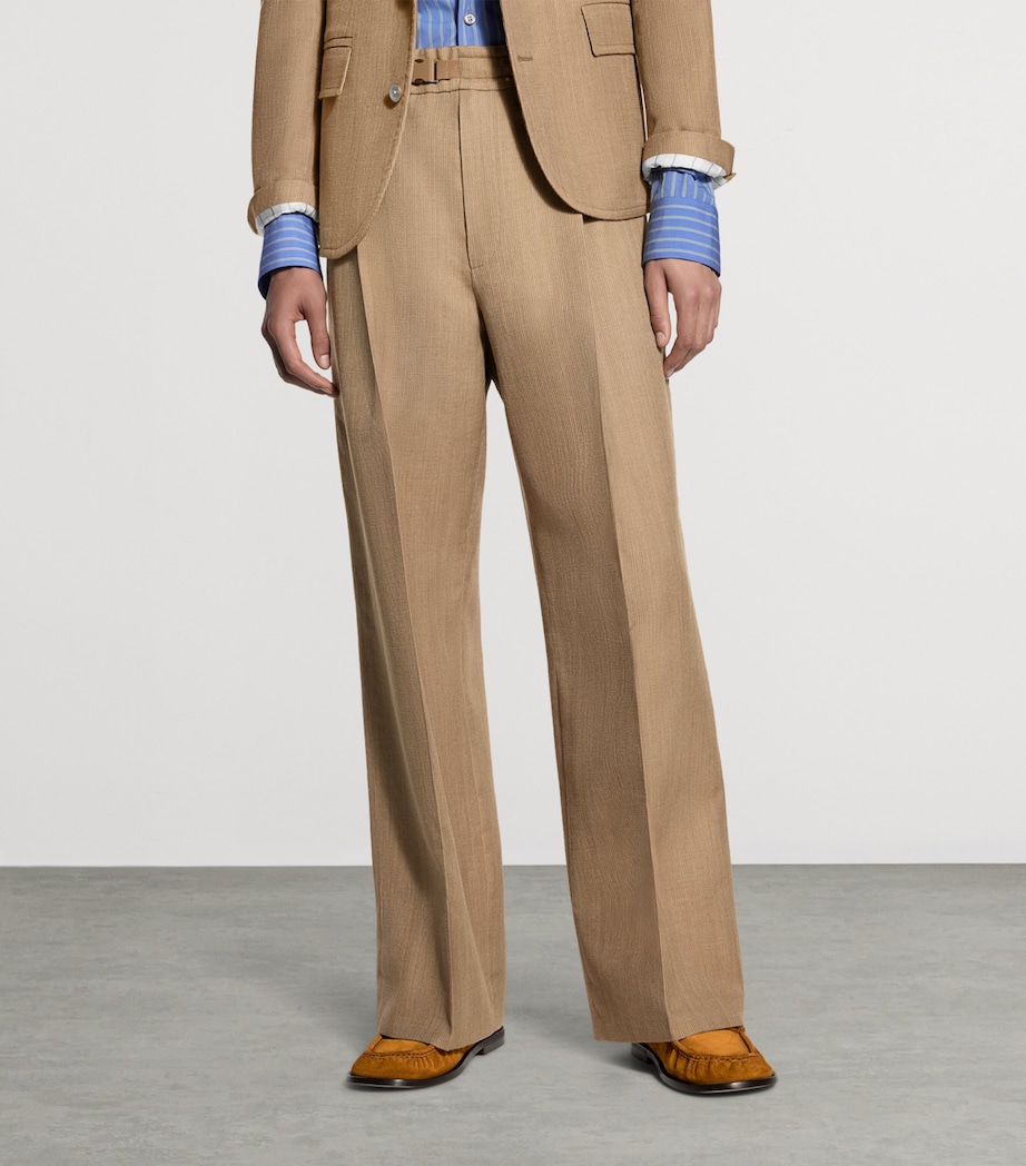 LOUIS VUITTON Mens Wool-Silk Buckle Drawstring Trousers Camel Brown Image 2