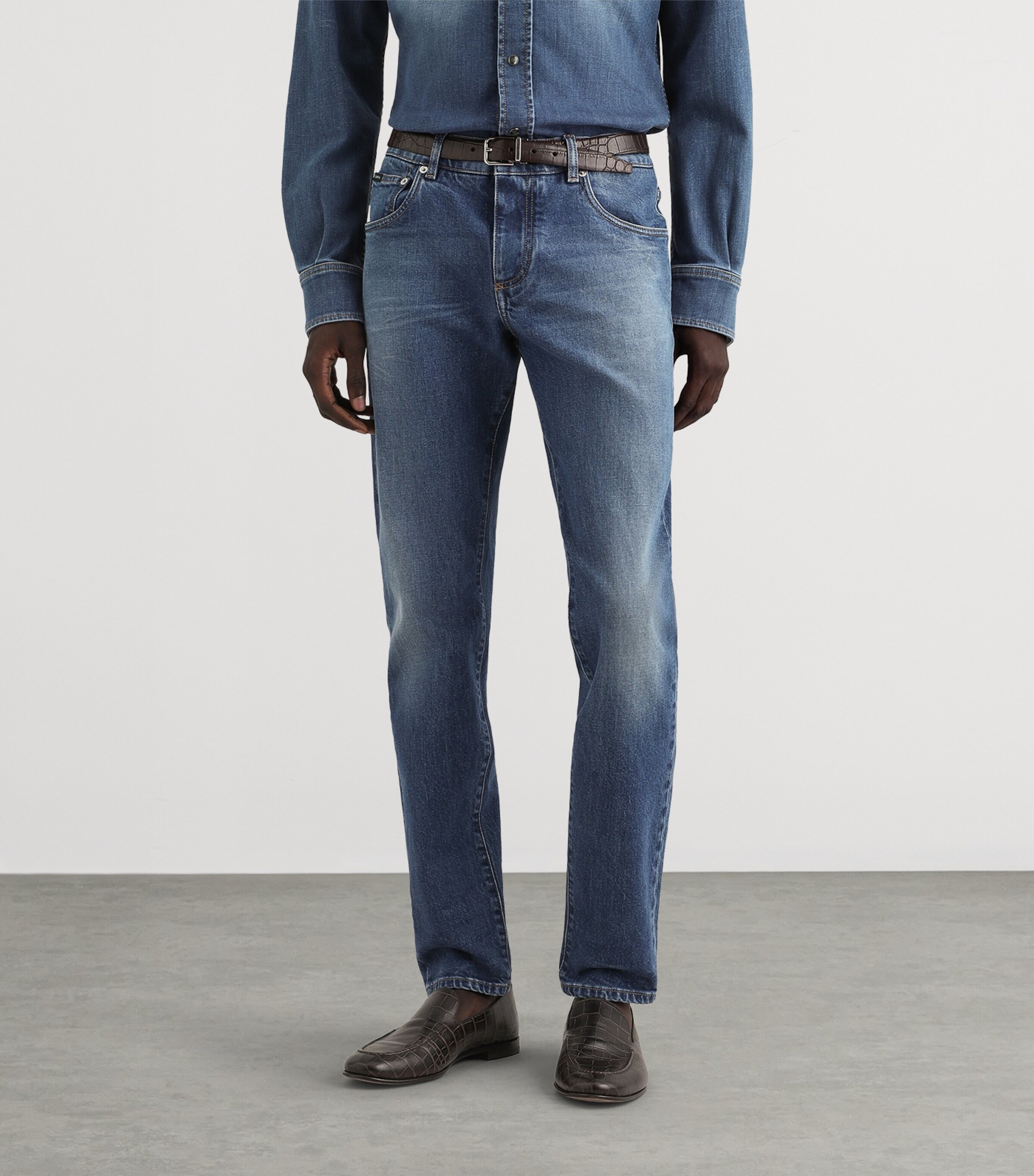 Dolce&Gabbana Mens Slim-Fit Leather Patch Jeans Combined Colou Image 4