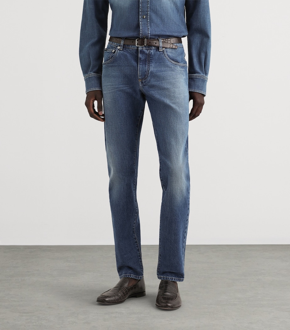 Dolce&Gabbana Mens Slim-Fit Leather Patch Jeans Combined Colou Image 4