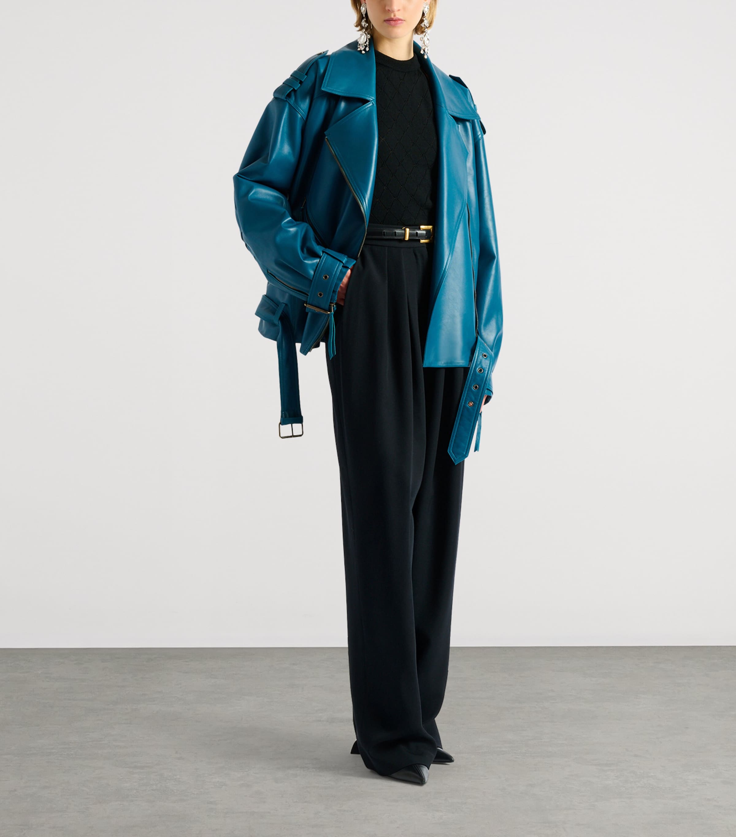Balmain Womens Lambskin Biker Jacket Bleu Canard Image 2