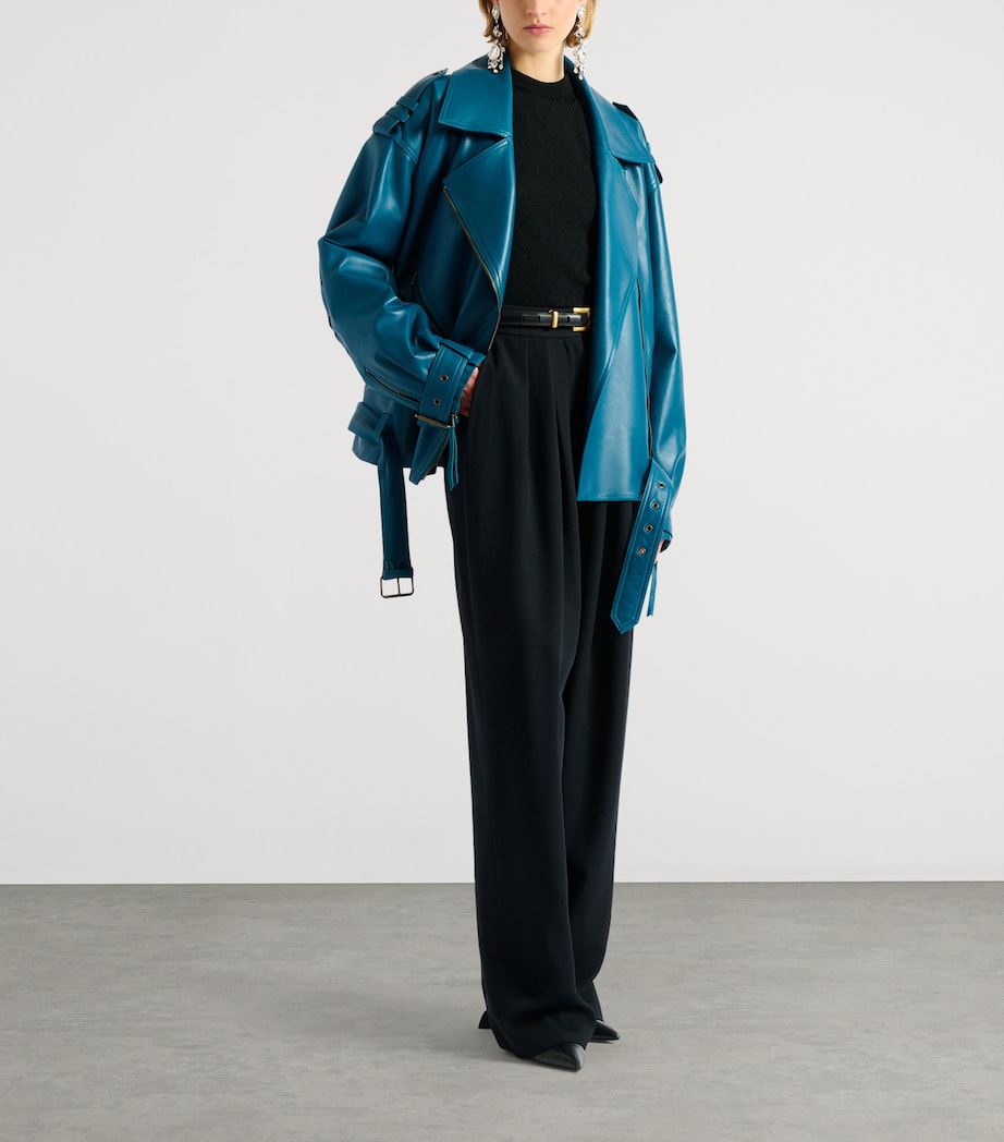 Balmain Womens Lambskin Biker Jacket Bleu Canard Image 2