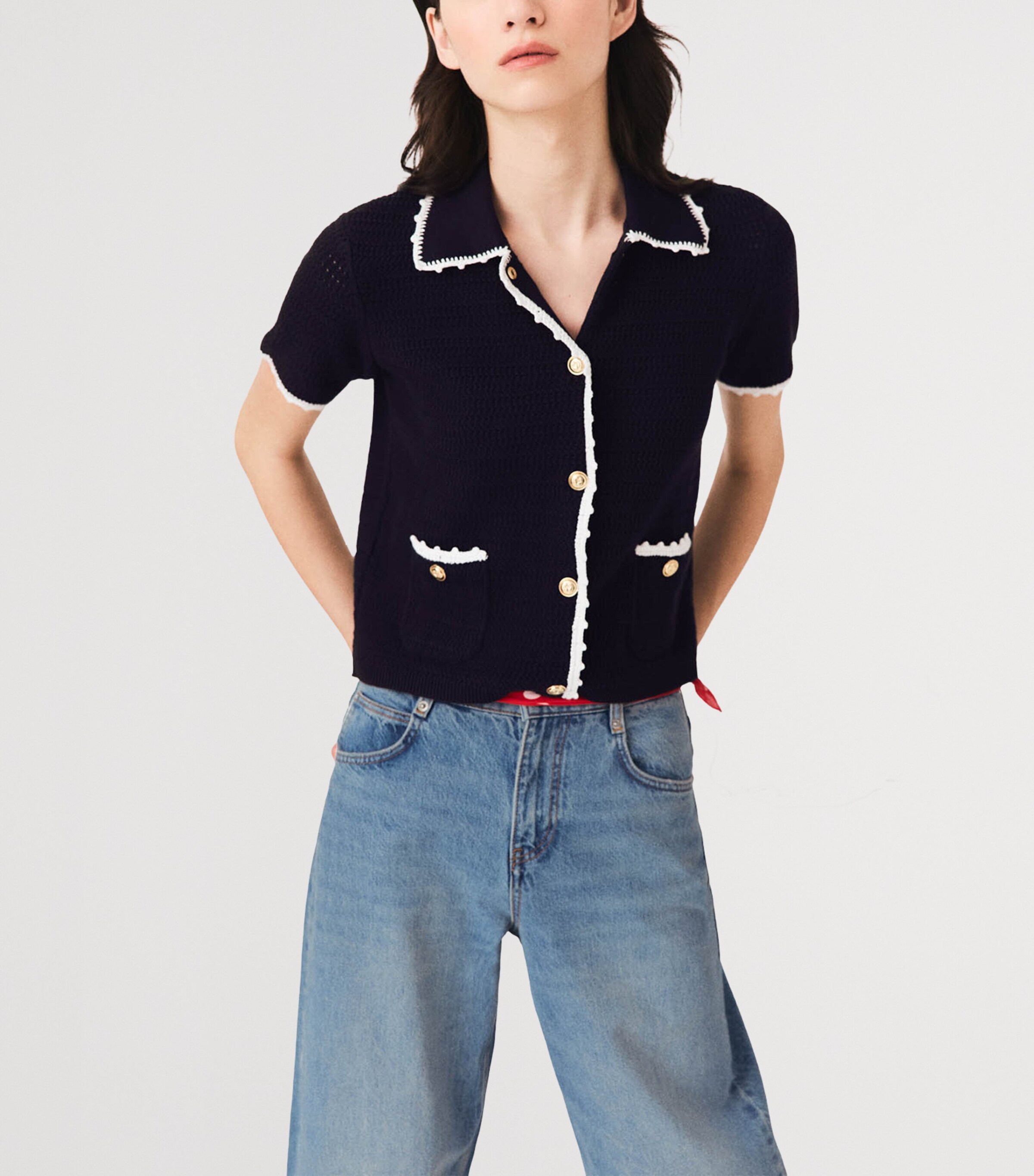 Maje Womens Textured Knit Short-Sleeve Cardigan Navy Image 5