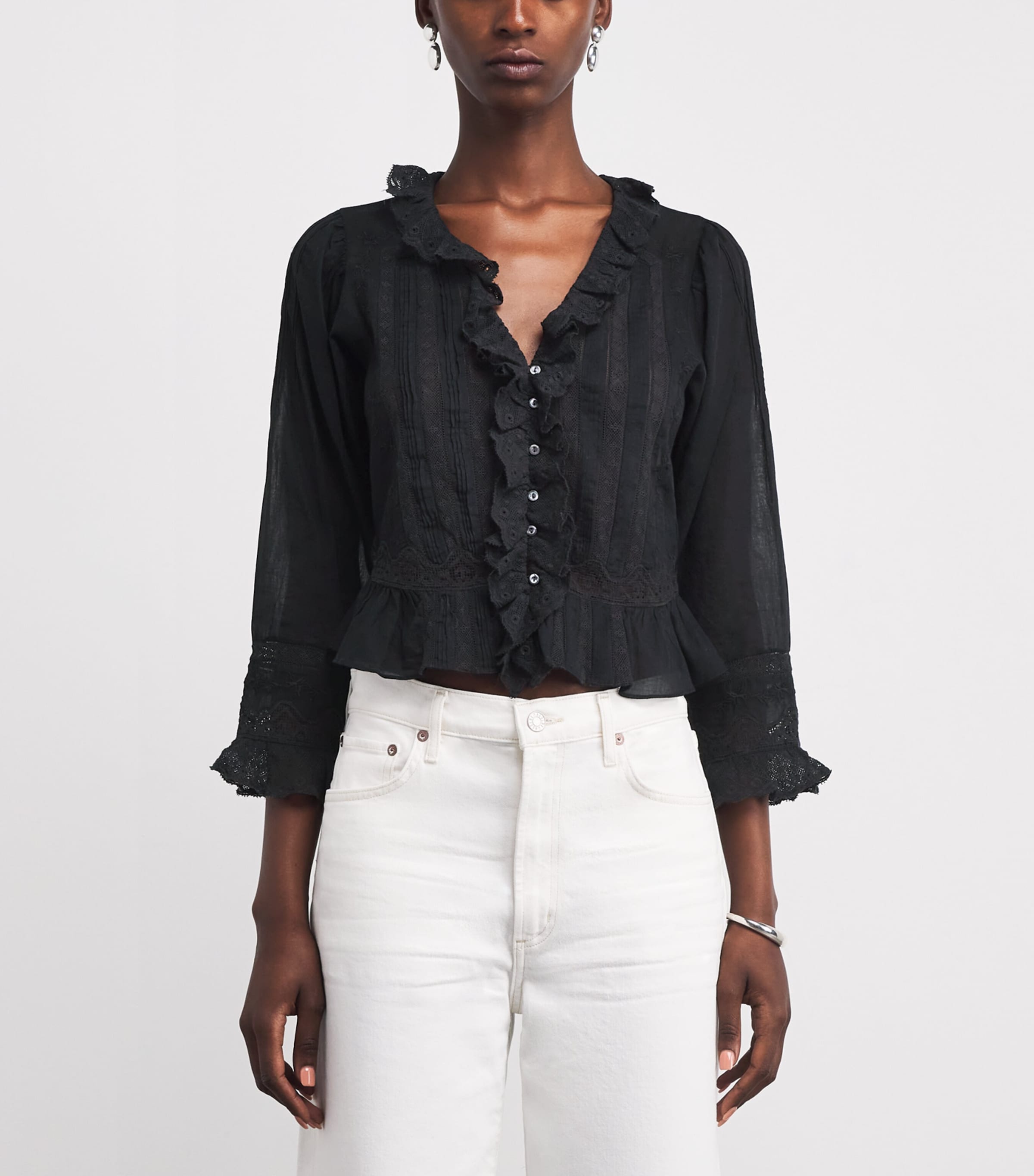 DÔEN Womens Organic Cotton Lace-Trim Eldoris Blouse Black Image 3