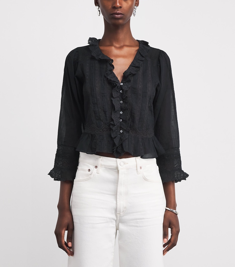 DÔEN Womens Organic Cotton Lace-Trim Eldoris Blouse Black Image 3