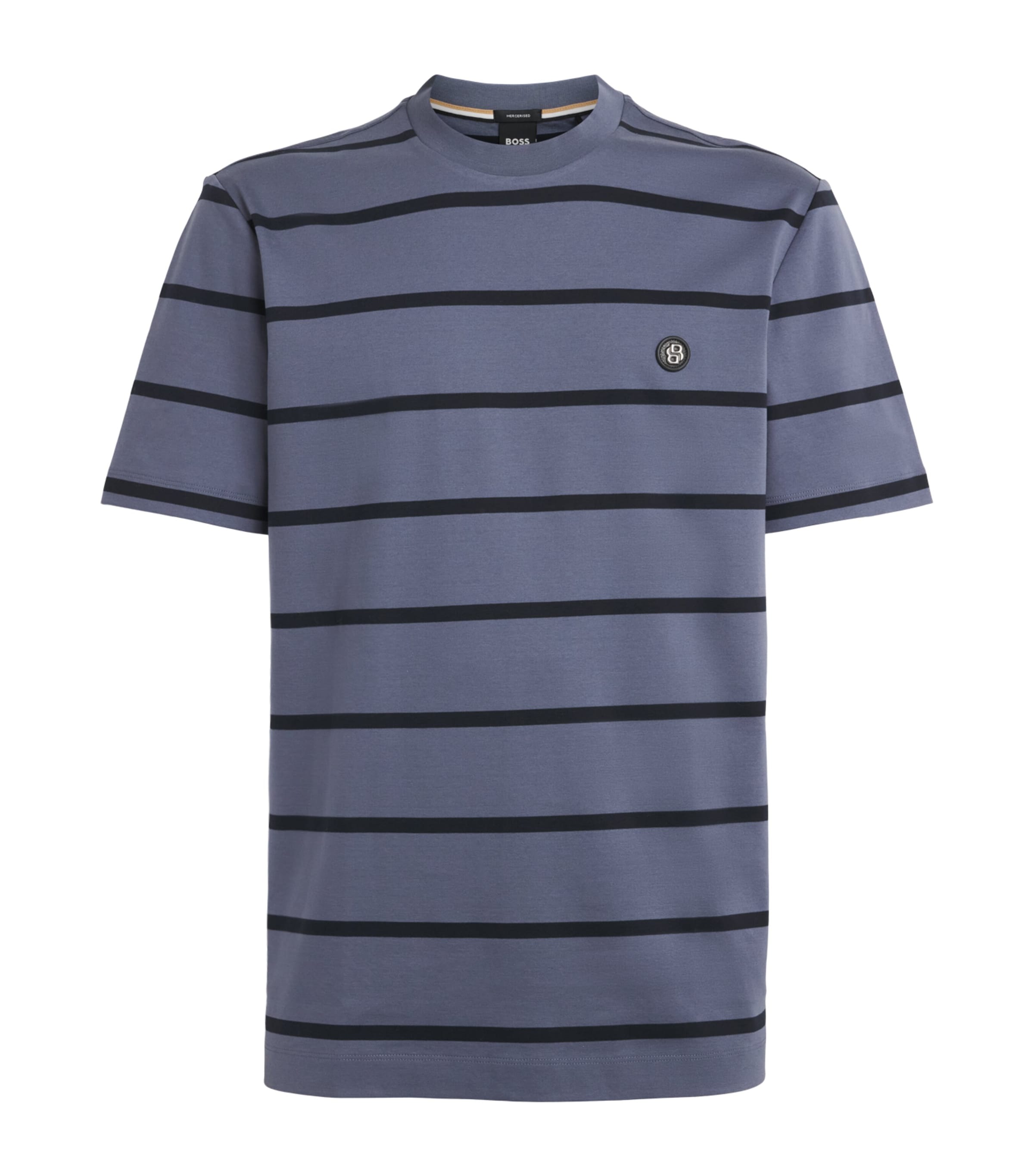BOSS Mens Cotton Stripe Emblem T-Shirt Open Blue Image 1