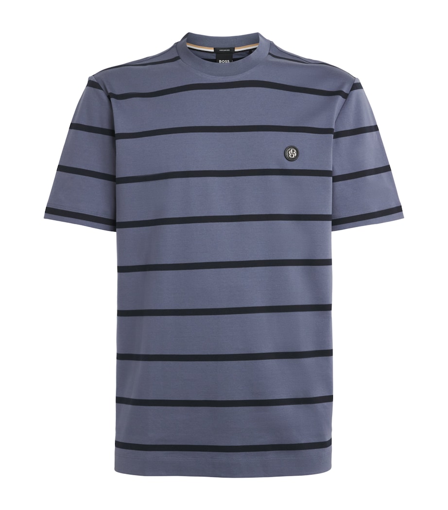 BOSS Mens Cotton Stripe Emblem T-Shirt Open Blue Image 1