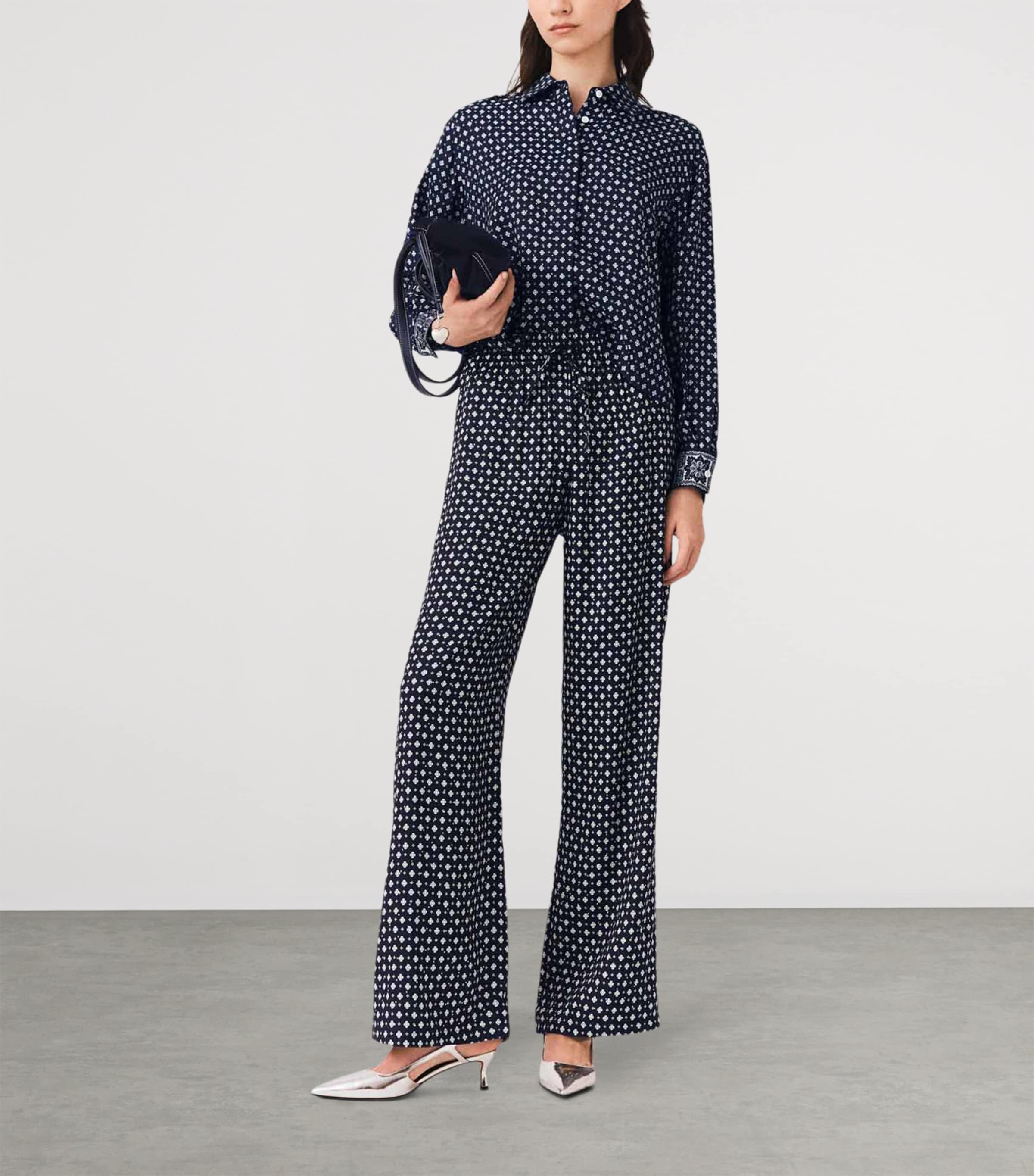 Maje Womens Rhinestone Printed Wide-Leg Trousers Navy Loungewear Image 2