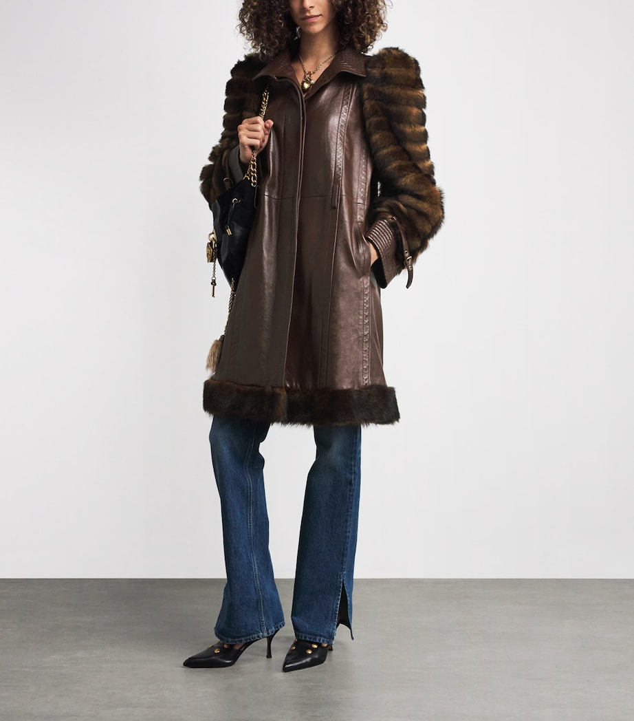 Leather Fur-Trim Coat CHOCOLATE Image 2