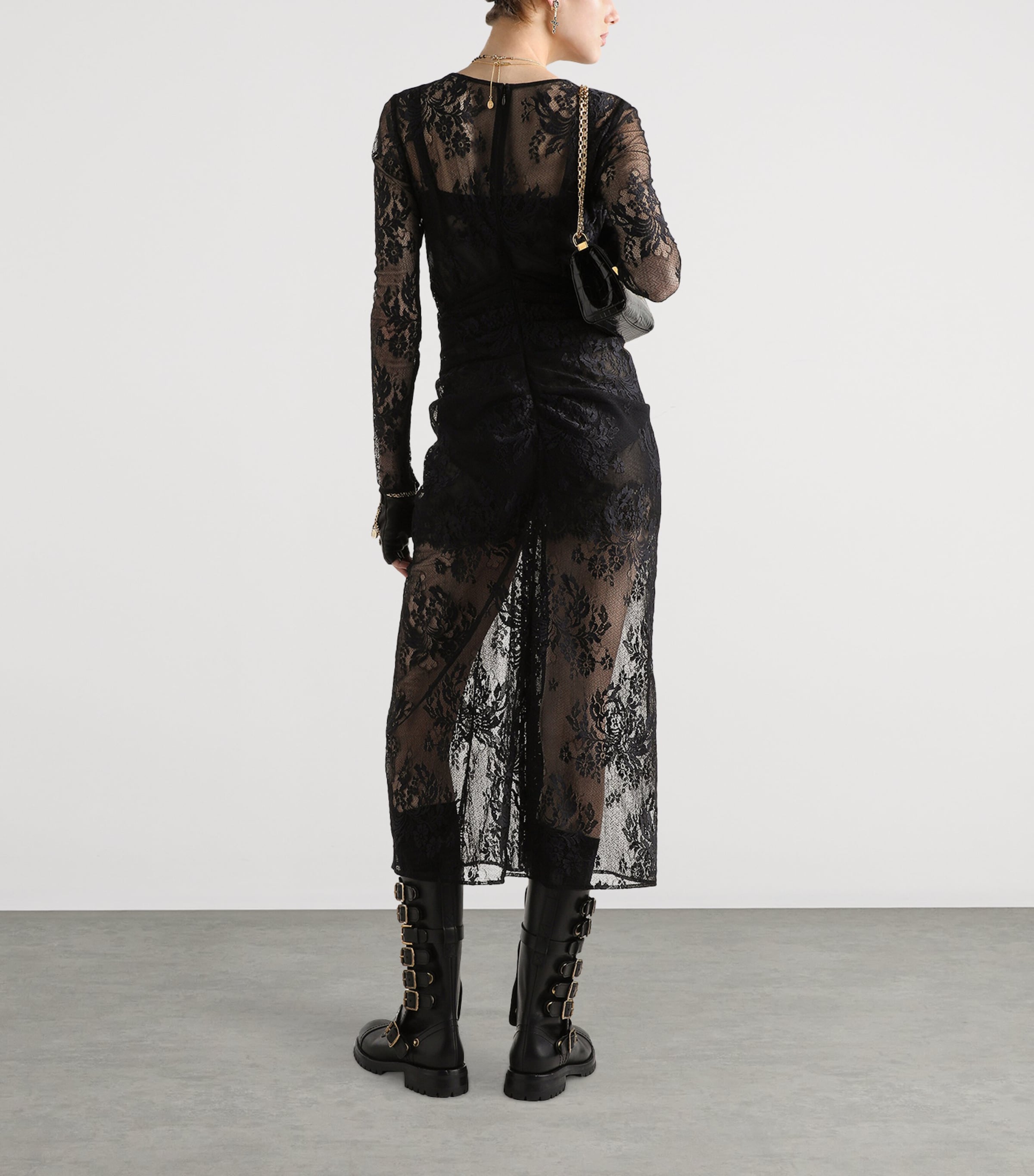 Lace Gathered Midi Dress N0000-BLACK Image 3