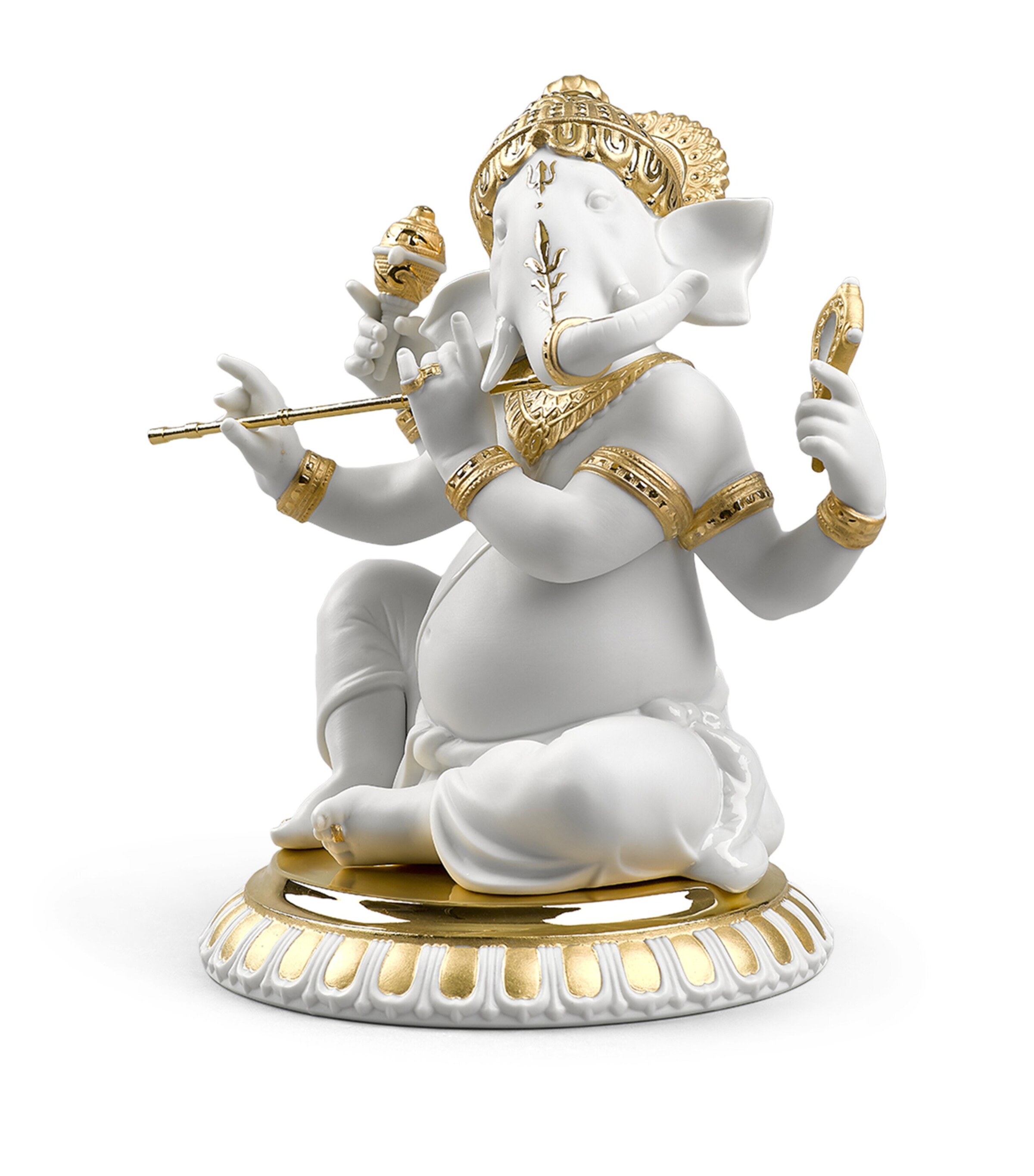 Lladró Porcelain Bansuri Ganesha Sculpture White & Gold Image 5