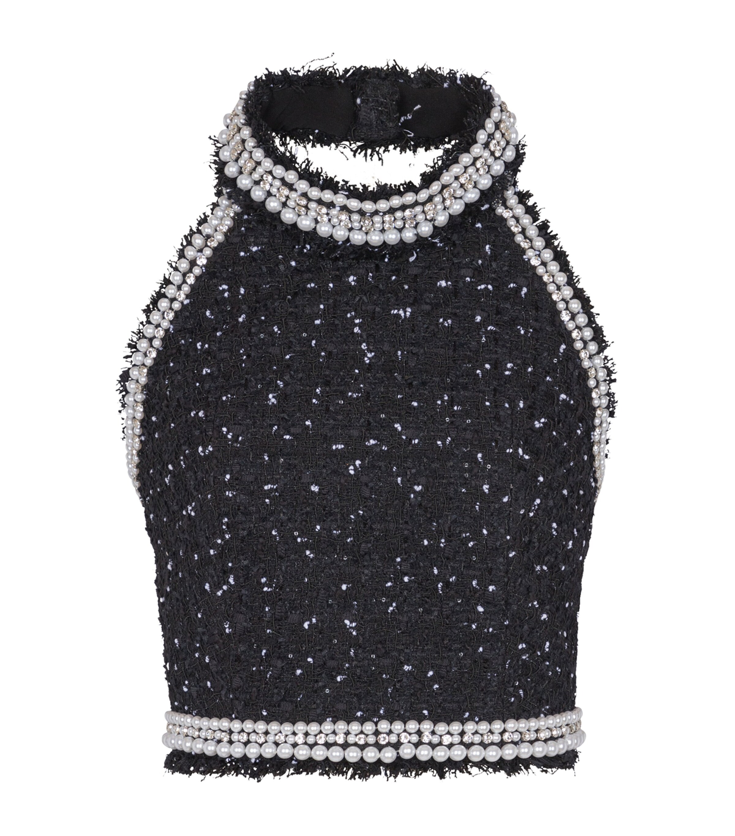 Balmain Halterneck Tweed Cropped Top In Black