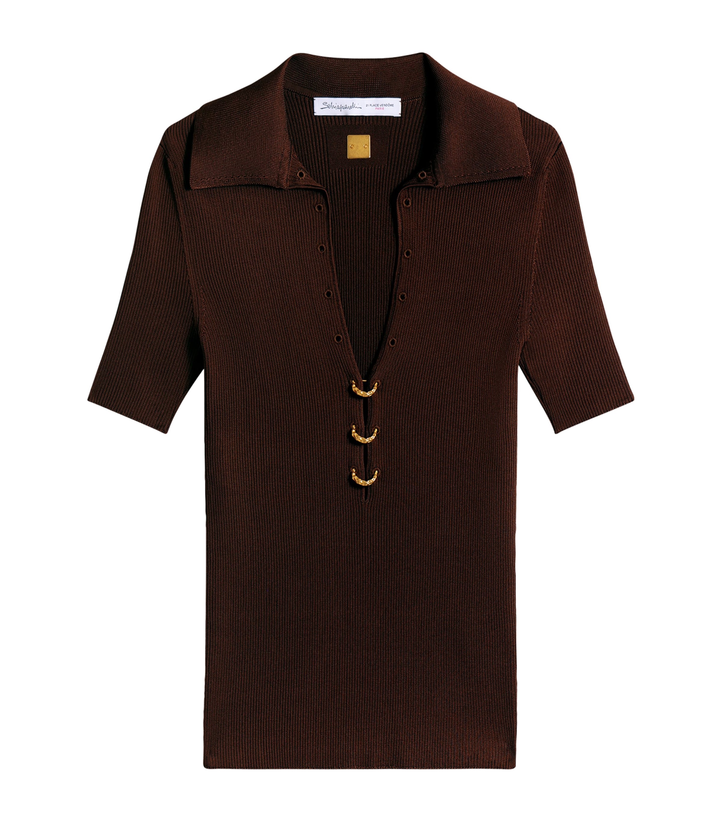 Schiaparelli Womens Silk Pierced Polo Shirt Brown Image 1