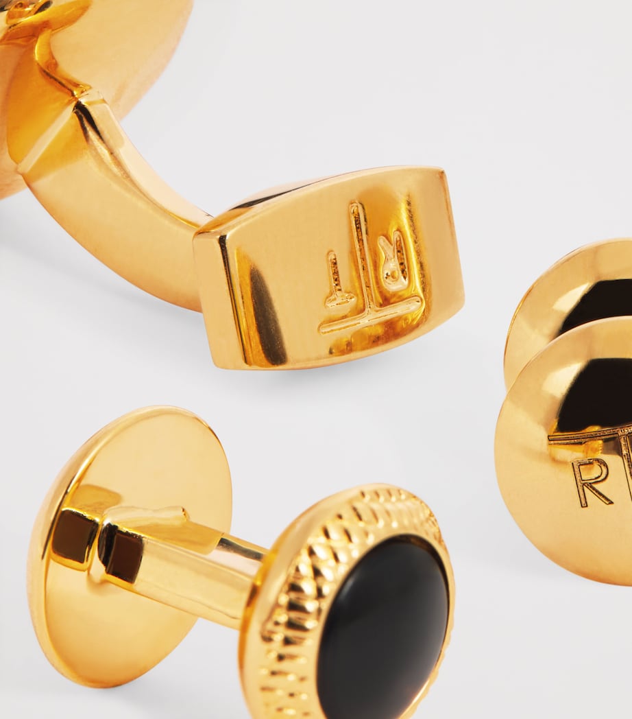 Black Onyx Bullseye Cufflinks And Studs Set YELLOW GOLD COLOUR Image 6