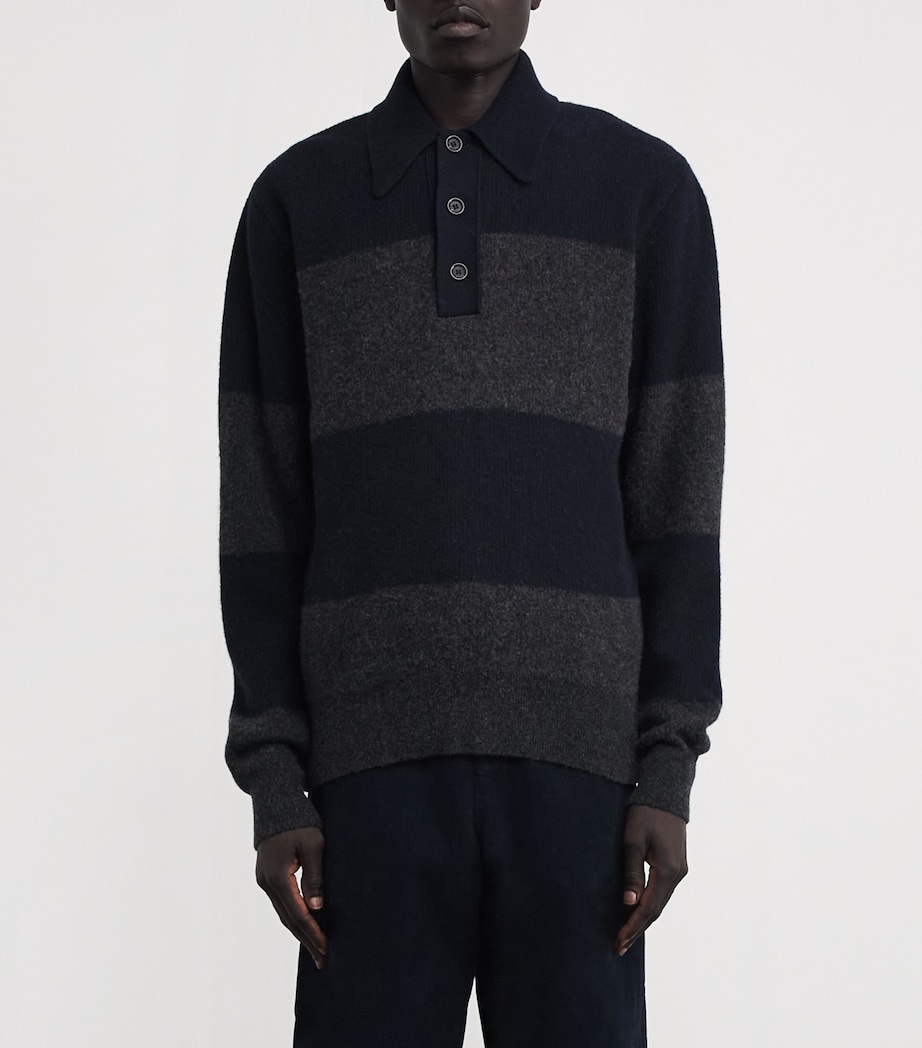 Wool Intarsia-Stripe Polo Sweater NAVY/CHARCOAL Image 3