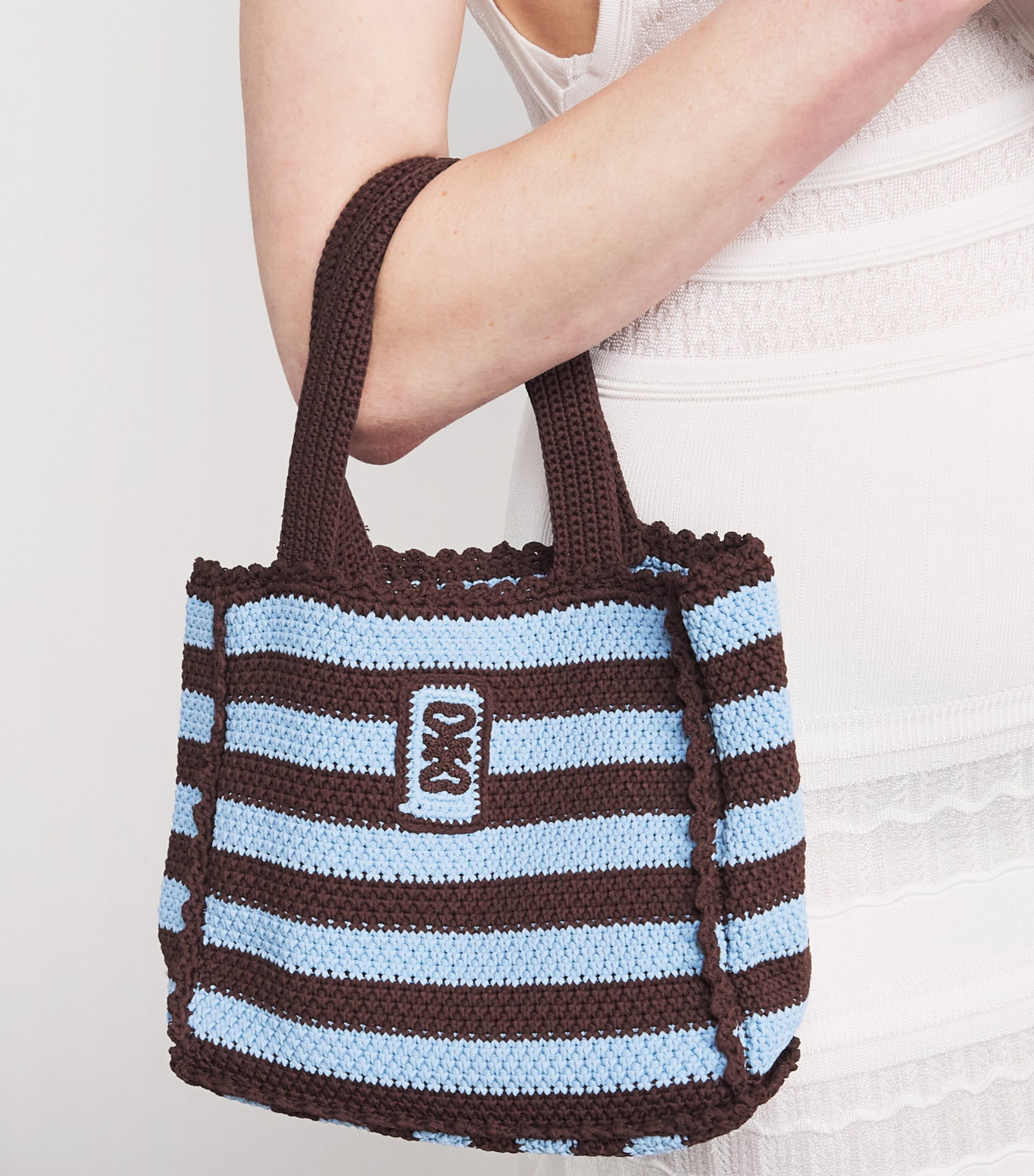 Sandro Paris Crochet Stripe Tote Bag Light Blue / Brown Image 2