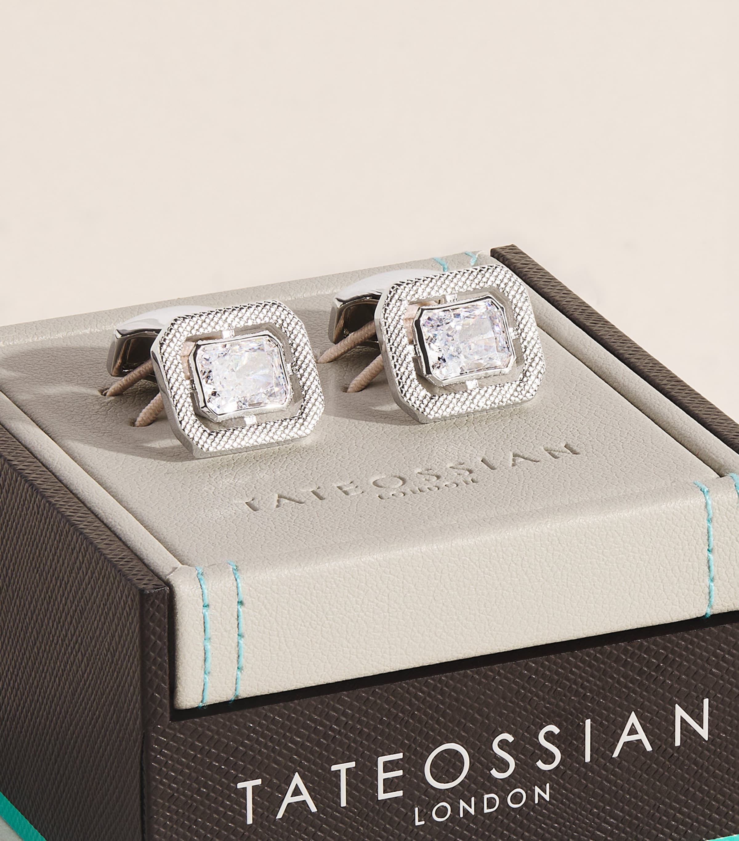 Tateossian Rhodium-Plated and Cubic Zirconia Halo Rectangle Cufflinks Clear Image 3
