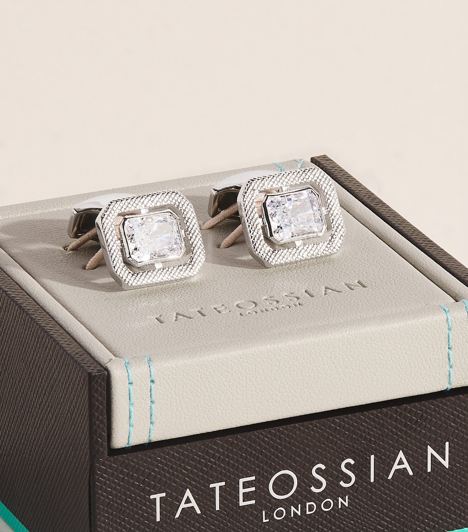 Tateossian Rhodium-Plated and Cubic Zirconia Halo Rectangle Cufflinks Clear Image 3