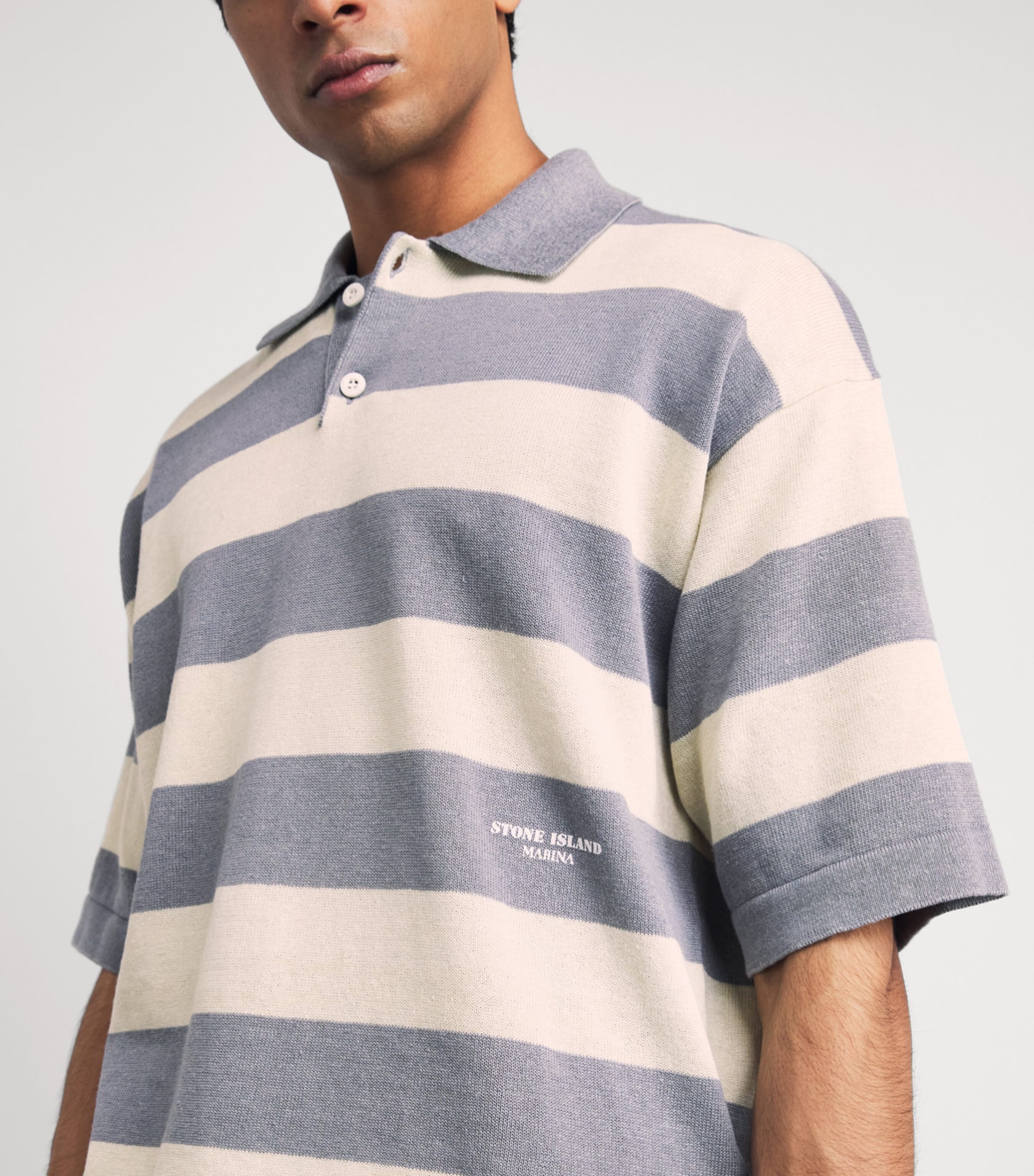 Stone Island Mens Cotton-Linen Stripe Polo Shirt Image 3
