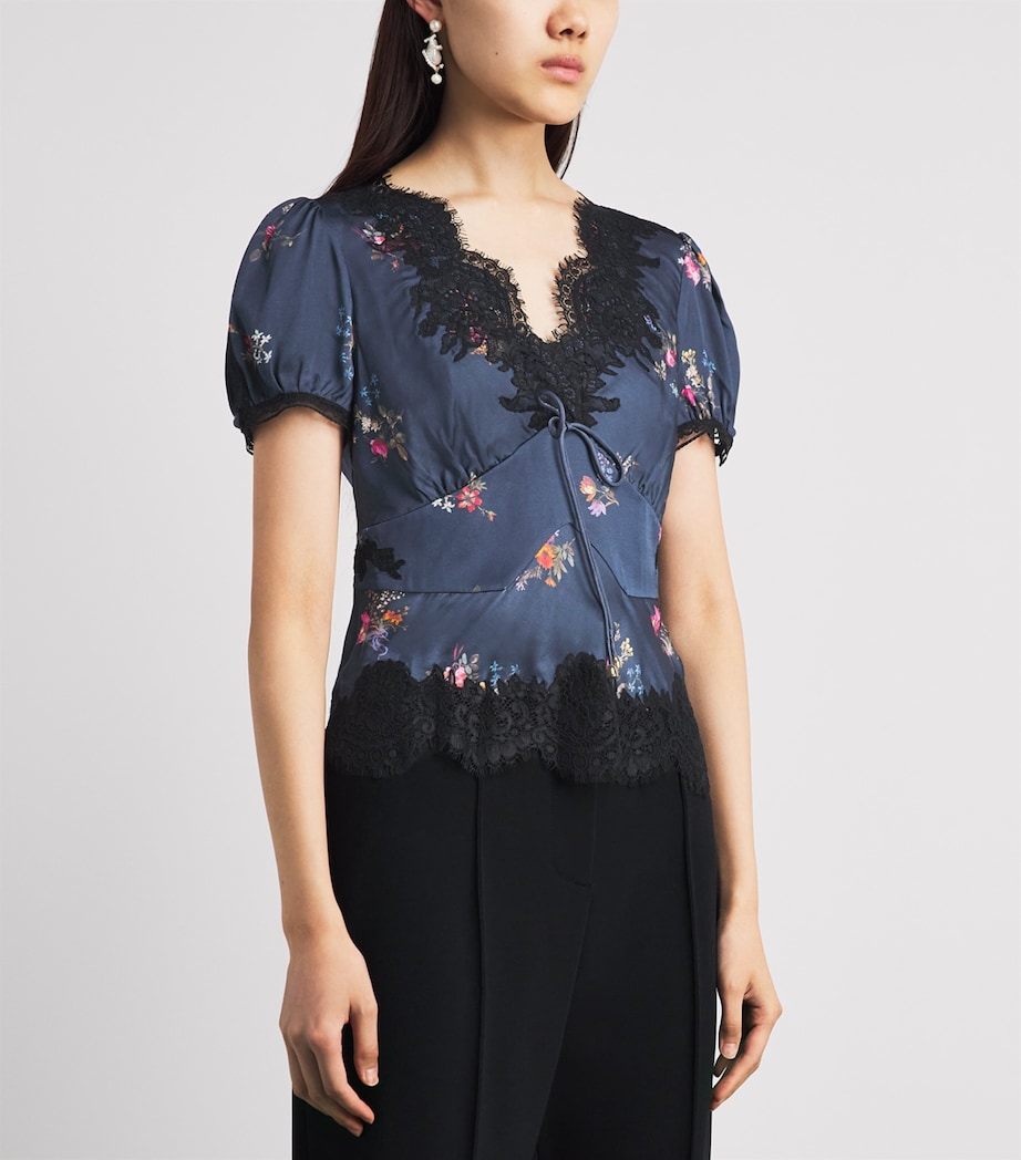 Self-Portrait Womens Satin-Lace Floral Blouse Navy Image 4