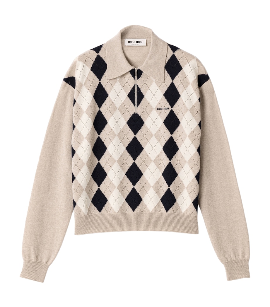 Miu Miu Womens Cashmere Argyle Polo Sweater Neutral Image 1