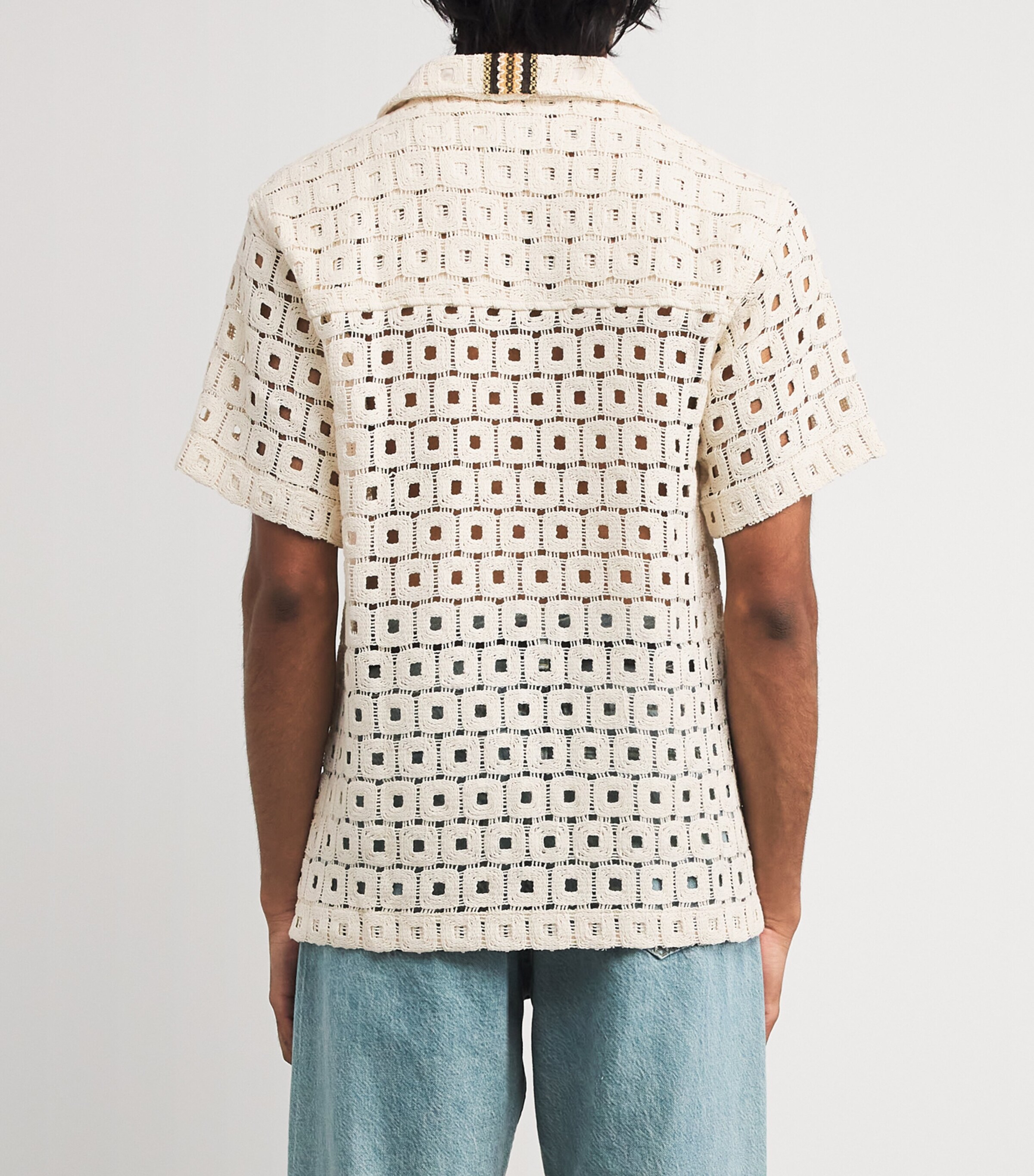 CHÉ Mens Cotton-Blend Open-Crochet Knit Shirt Ivory Image 4