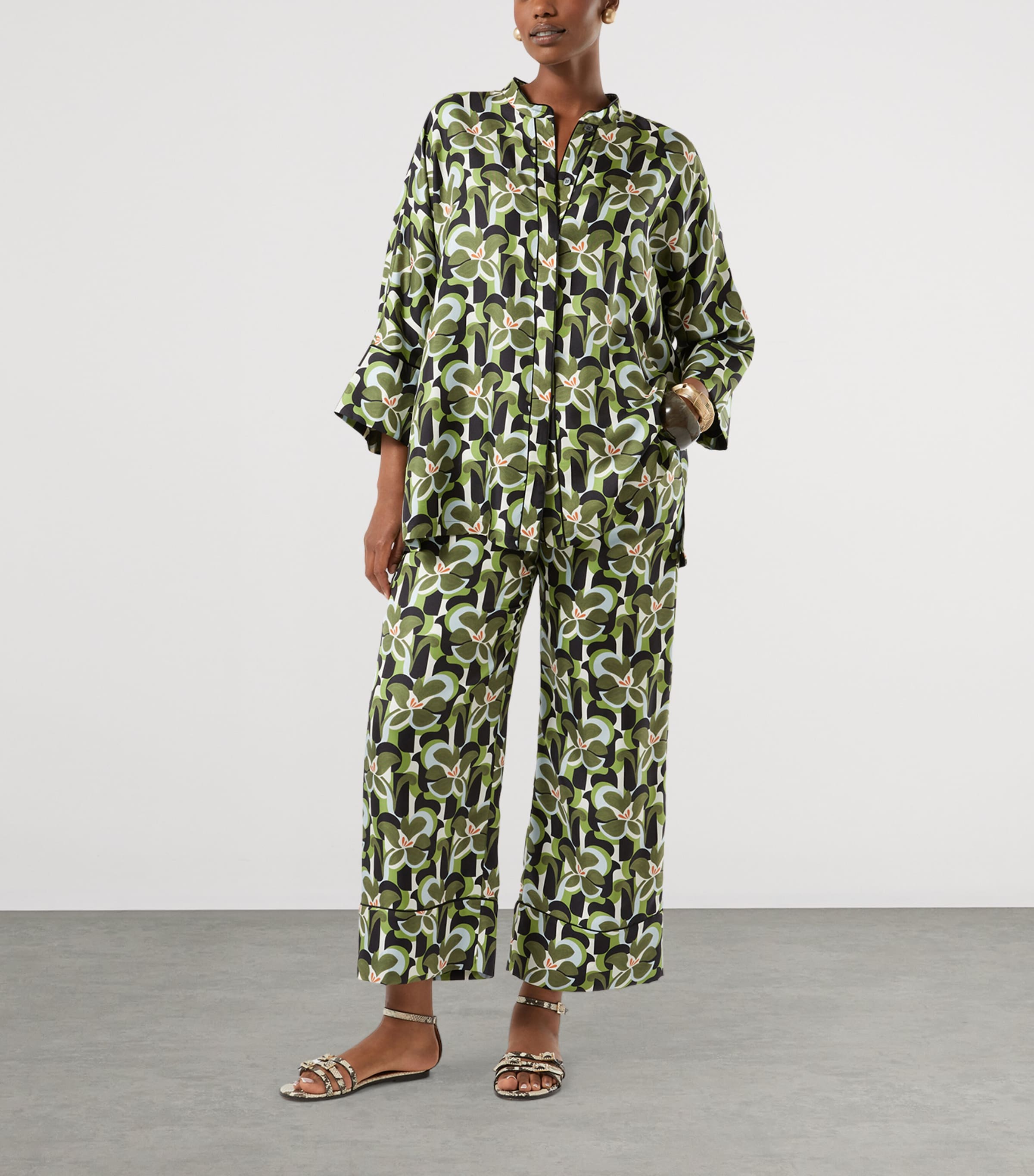 Marina Rinaldi Womens Silk Twill Floral Shirt Olive Green Image 2