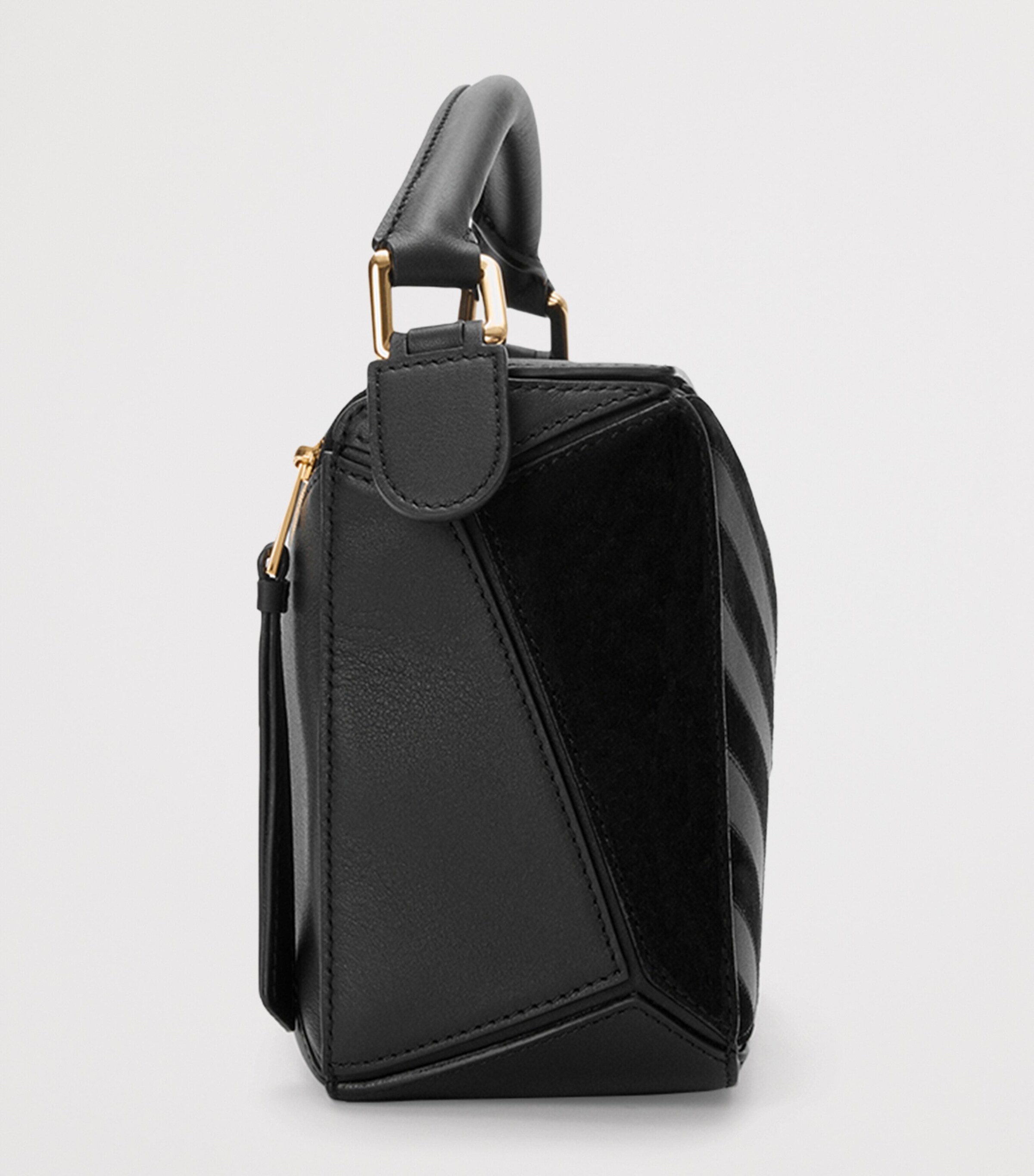 Small Leather Stripe Puzzle Edge Top-Handle Bag BLACK Image 3