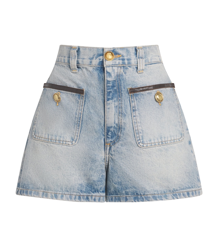 Sandro Paris Womens Leather-Trim Denim Shorts Blue Jean Image 1