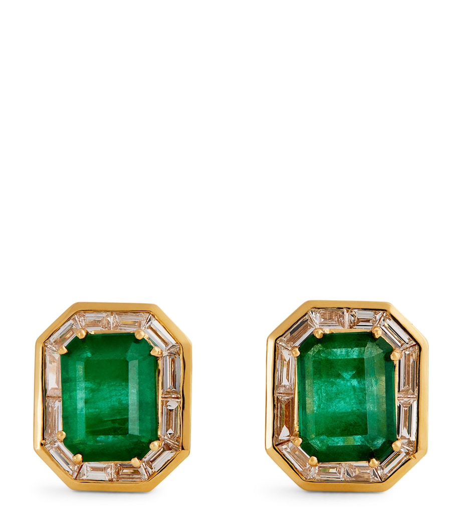 Yellow Gold, Diamond and Emerald Halo Stud Earrings YELLOW GOLD Image 1